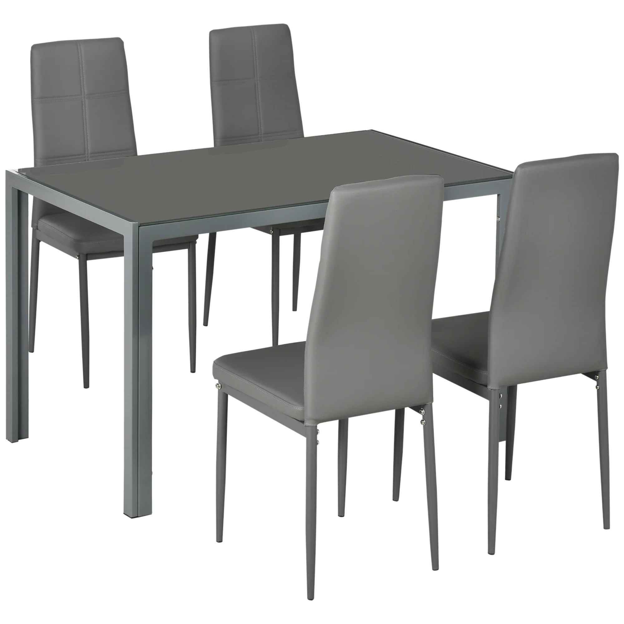 5-Piece Rectangular Glass Kitchen Table and 4 Faux Leather Chairs, Grey