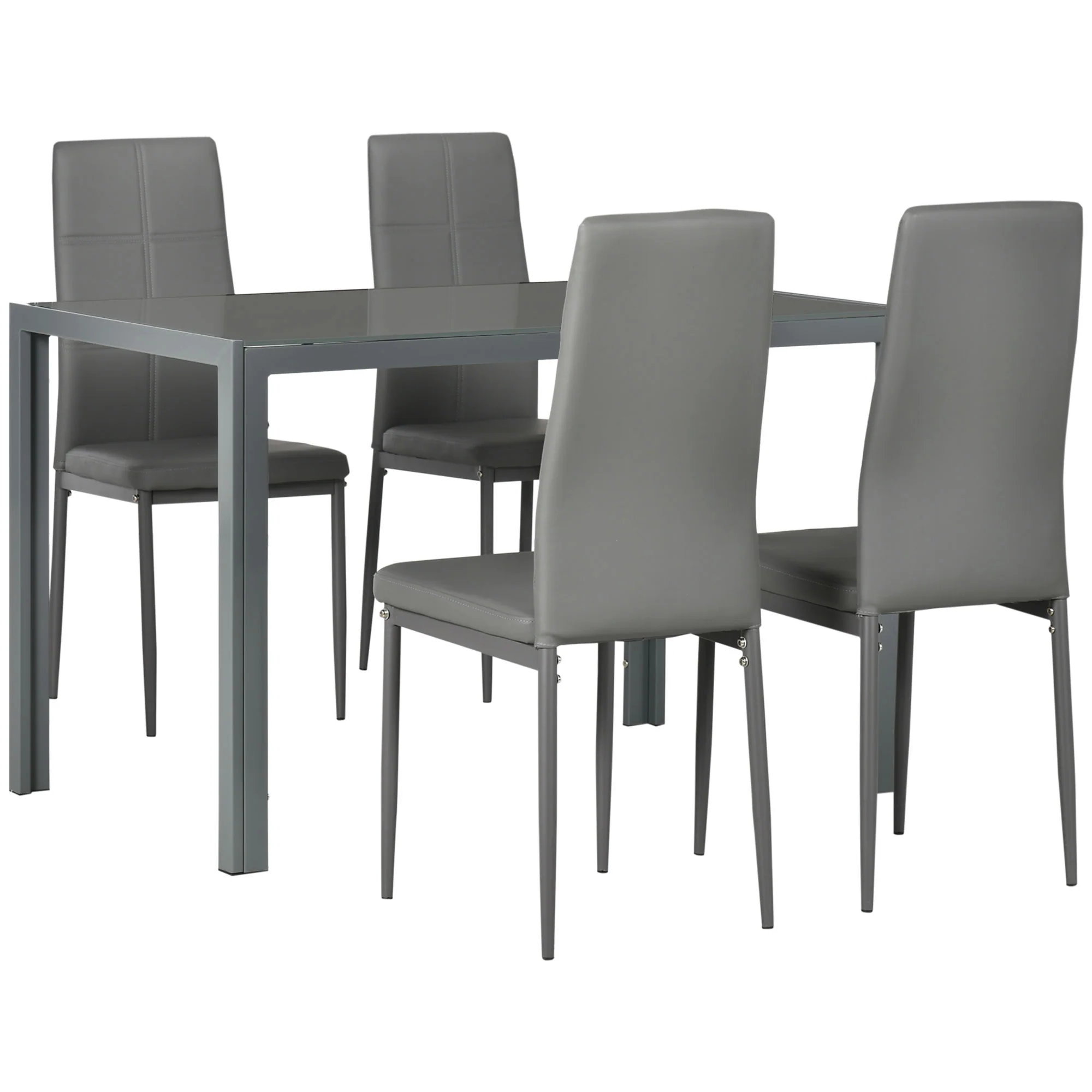 5-Piece Rectangular Glass Kitchen Table and 4 Faux Leather Chairs, Grey - Image 2
