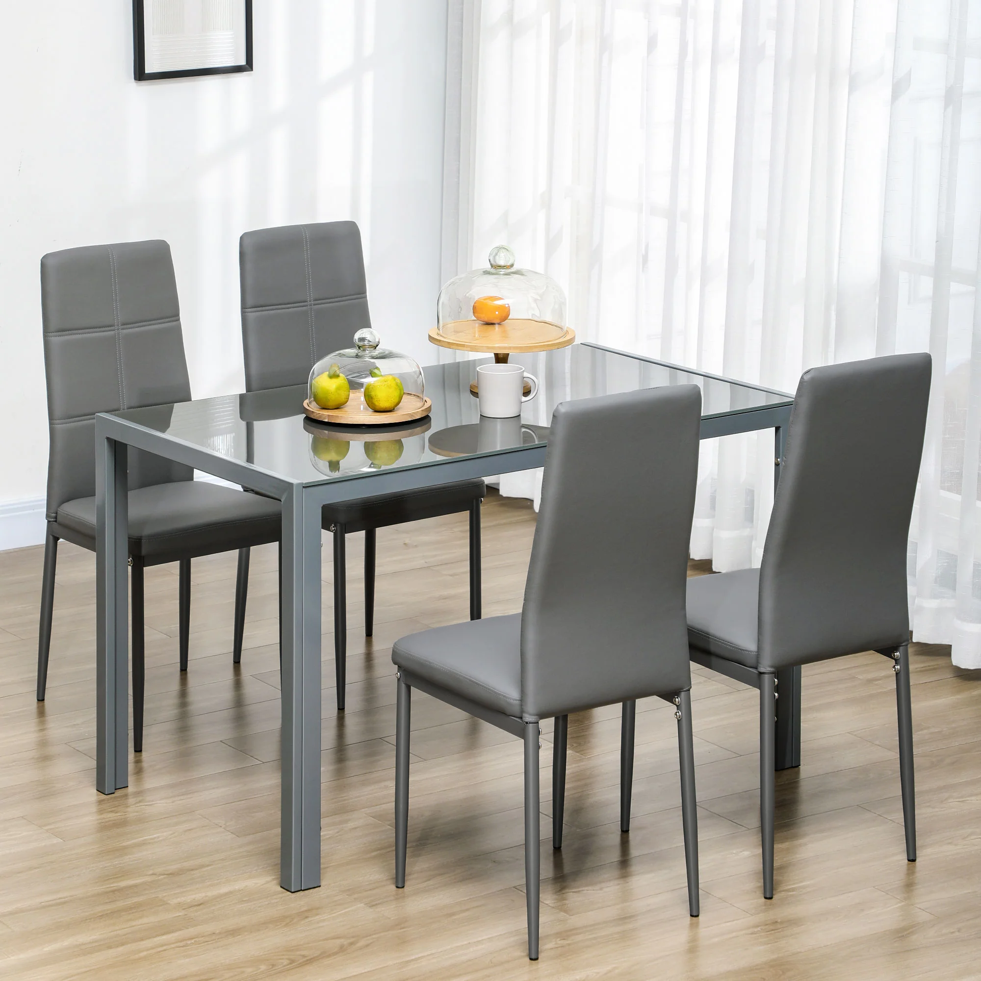 5-Piece Rectangular Glass Kitchen Table and 4 Faux Leather Chairs, Grey - Image 3