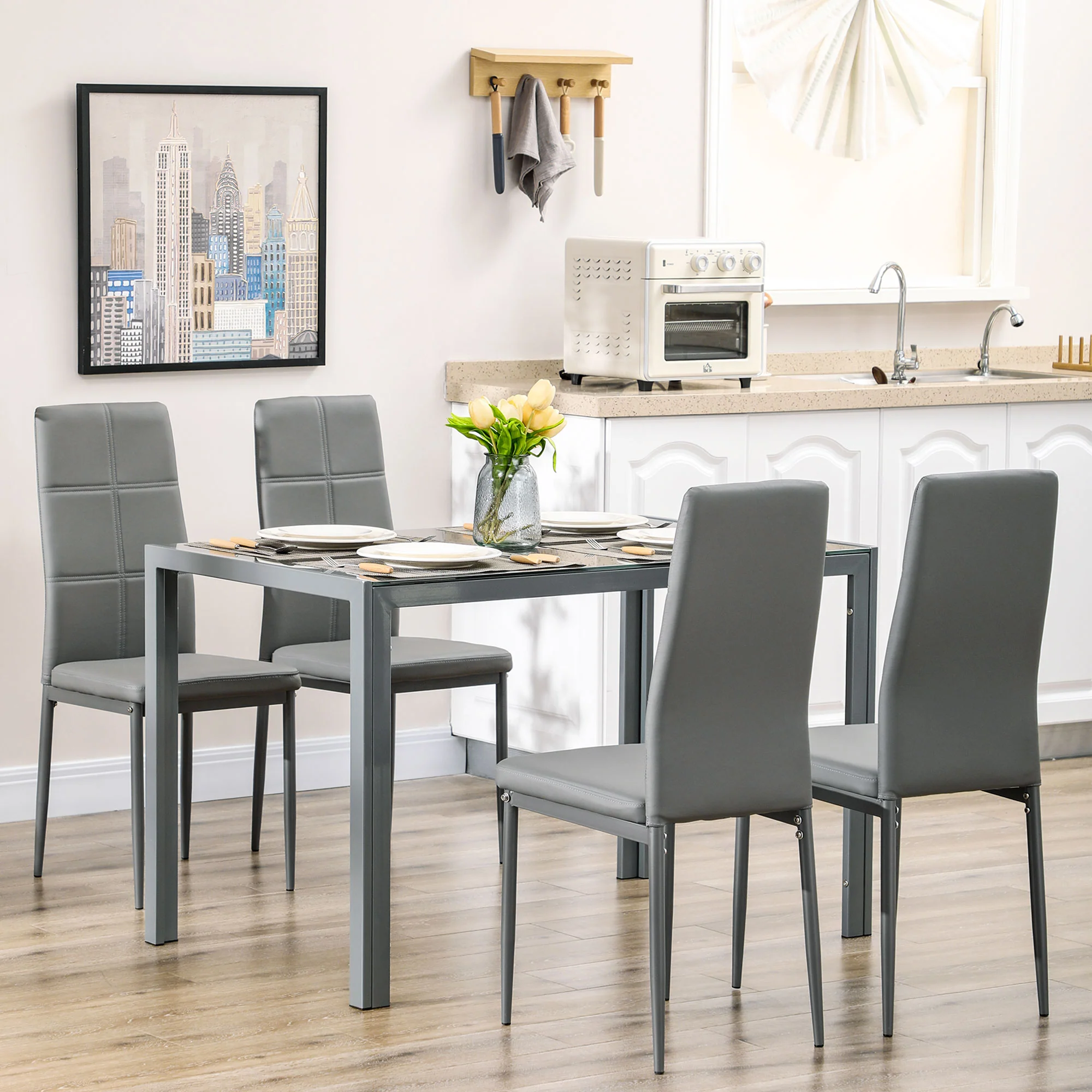 5-Piece Rectangular Glass Kitchen Table and 4 Faux Leather Chairs, Grey - Image 4