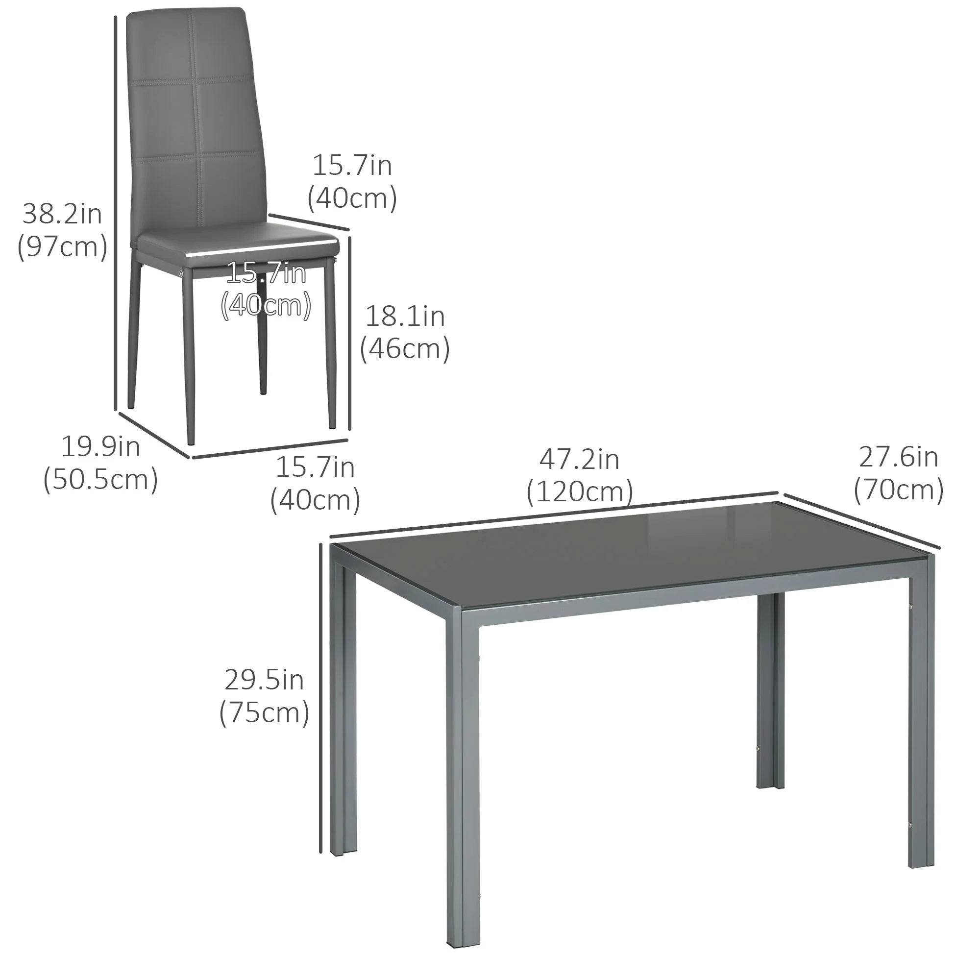 5-Piece Rectangular Glass Kitchen Table and 4 Faux Leather Chairs, Grey - Image 5