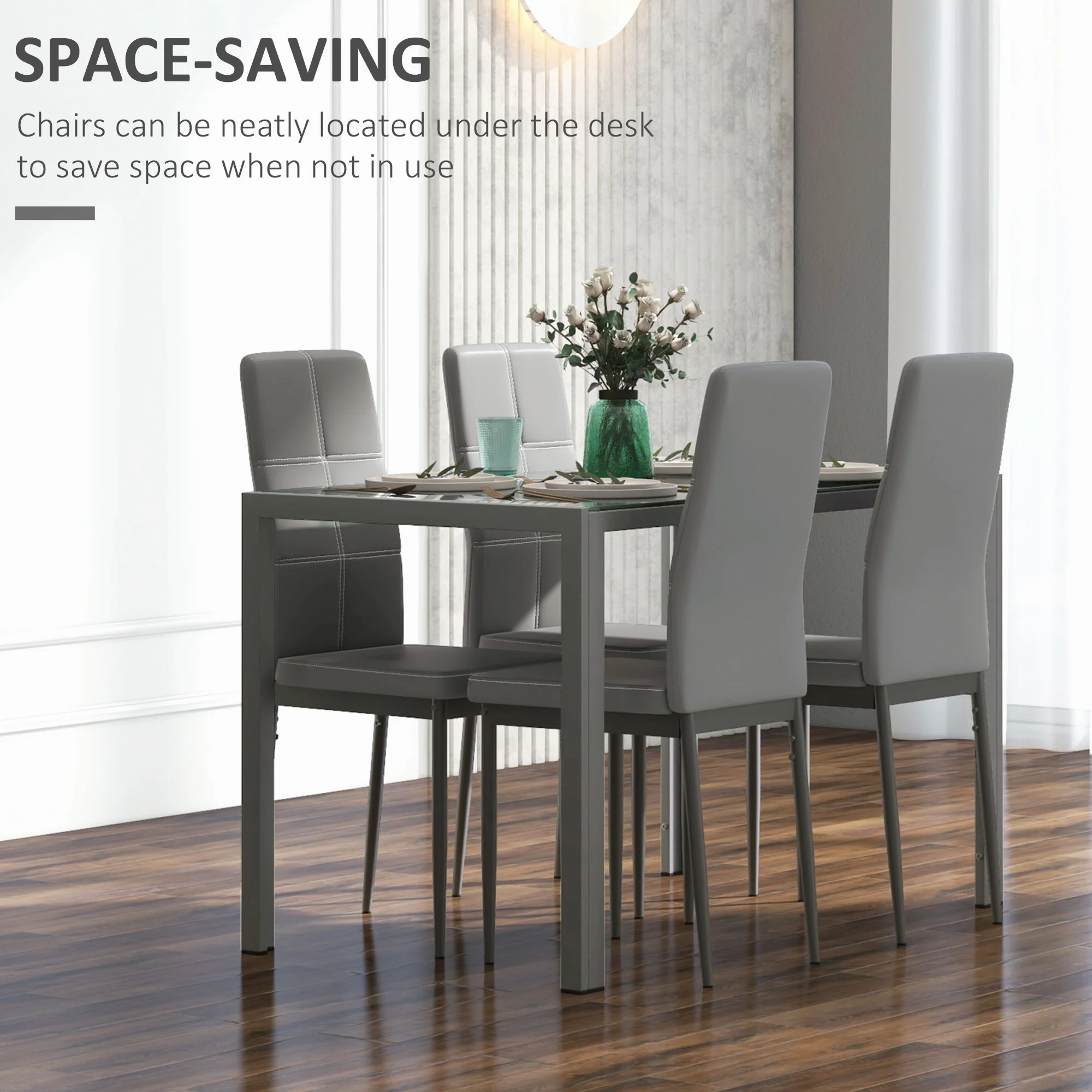 5-Piece Rectangular Glass Kitchen Table and 4 Faux Leather Chairs, Grey - Image 6