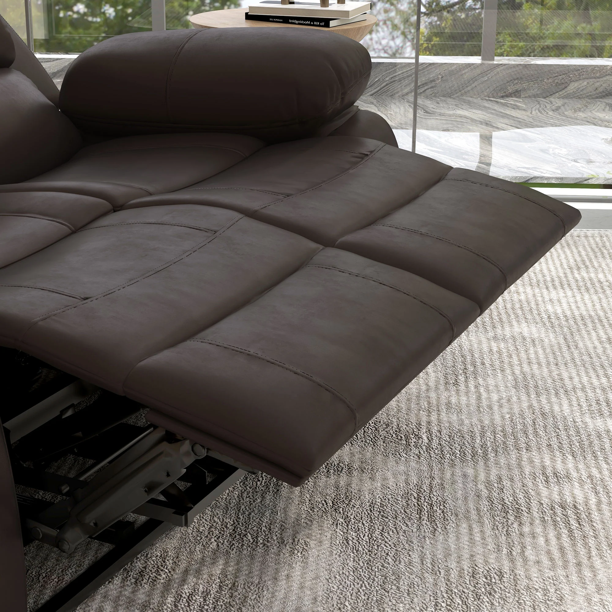 Double PU Leather Reclining Loveseat with Pullback Control Footrest, Brown - Image 11