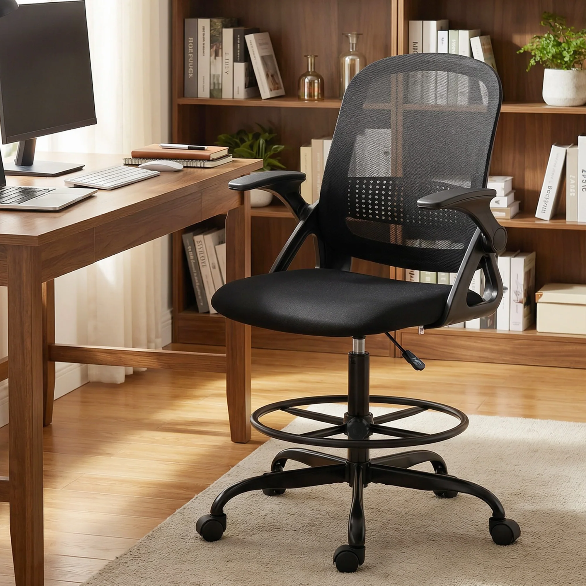 Adjustable Mesh Sit-Stand Chair with Lumbar Support & Flip Armrests, Black - Image 11
