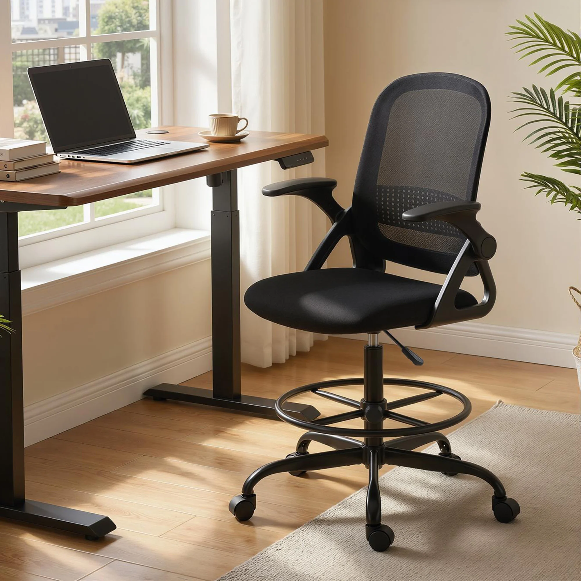 Adjustable Mesh Sit-Stand Chair with Lumbar Support & Flip Armrests, Black - Image 3
