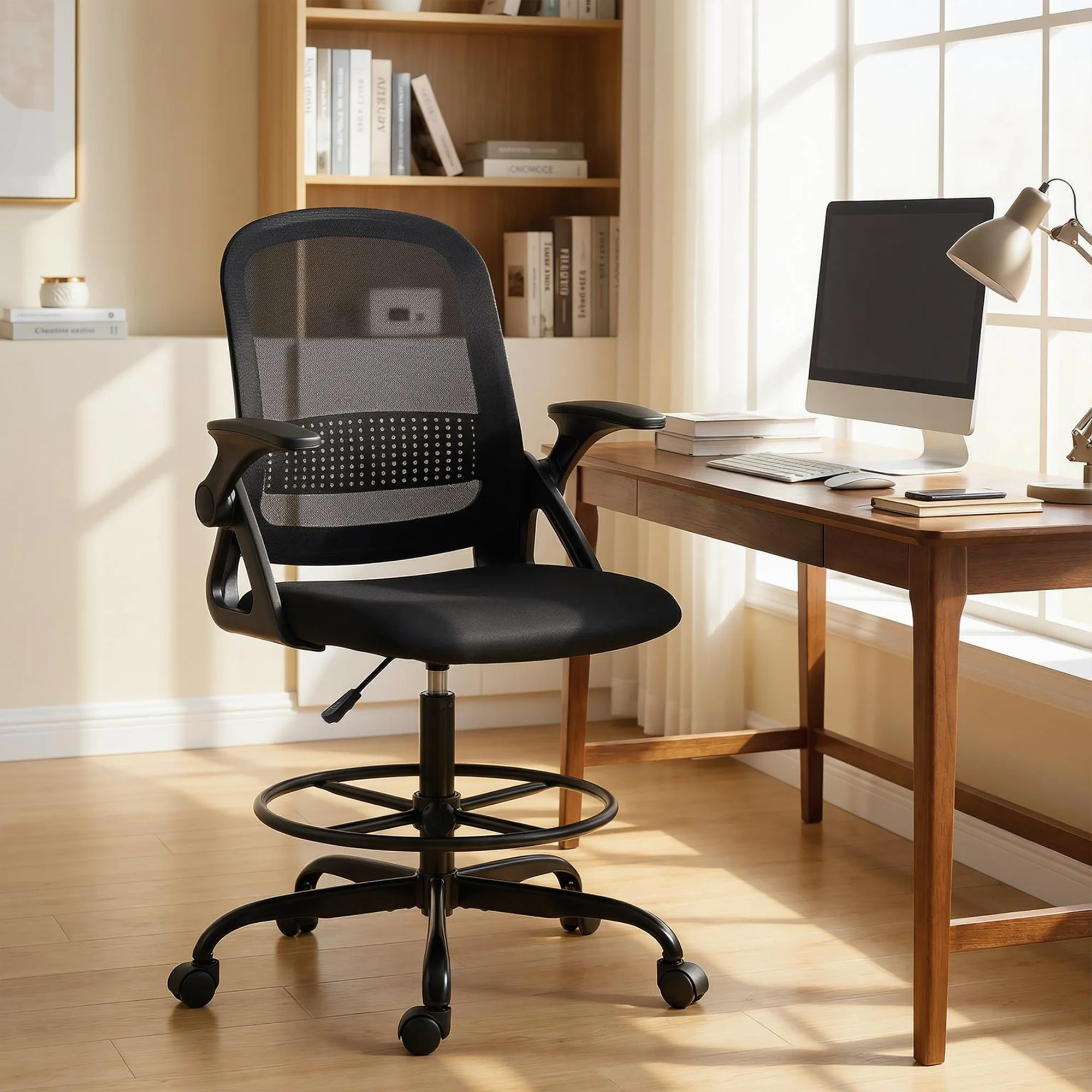 Adjustable Mesh Sit-Stand Chair with Lumbar Support & Flip Armrests, Black - Image 4