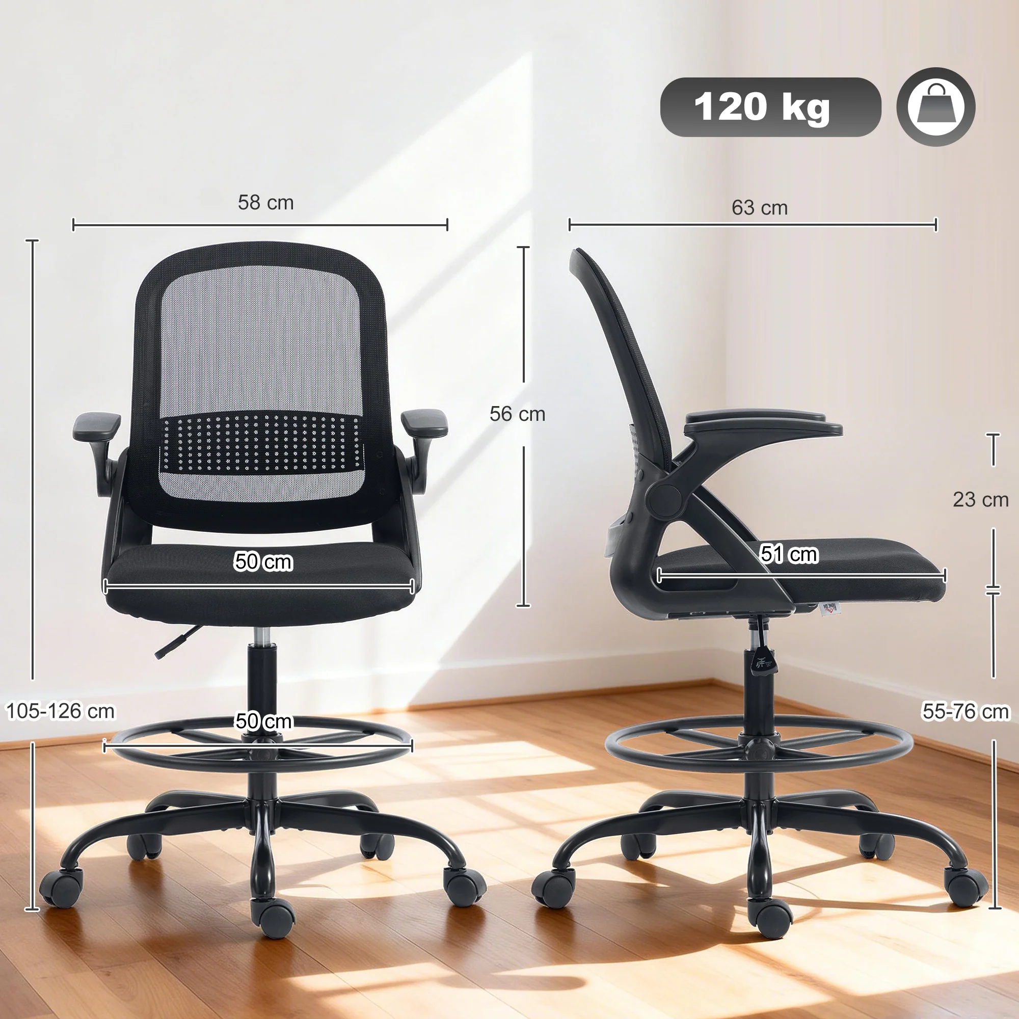 Adjustable Mesh Sit-Stand Chair with Lumbar Support & Flip Armrests, Black - Image 5