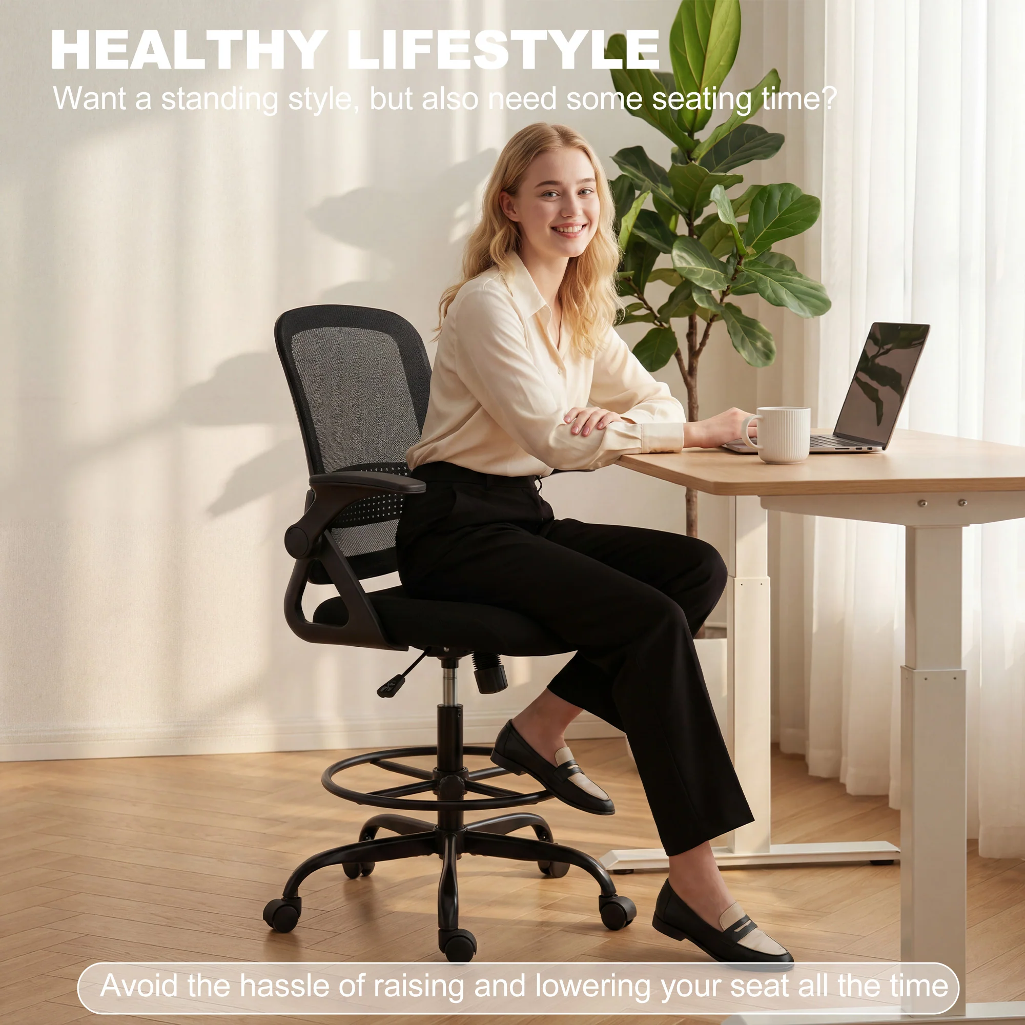 Adjustable Mesh Sit-Stand Chair with Lumbar Support & Flip Armrests, Black - Image 6