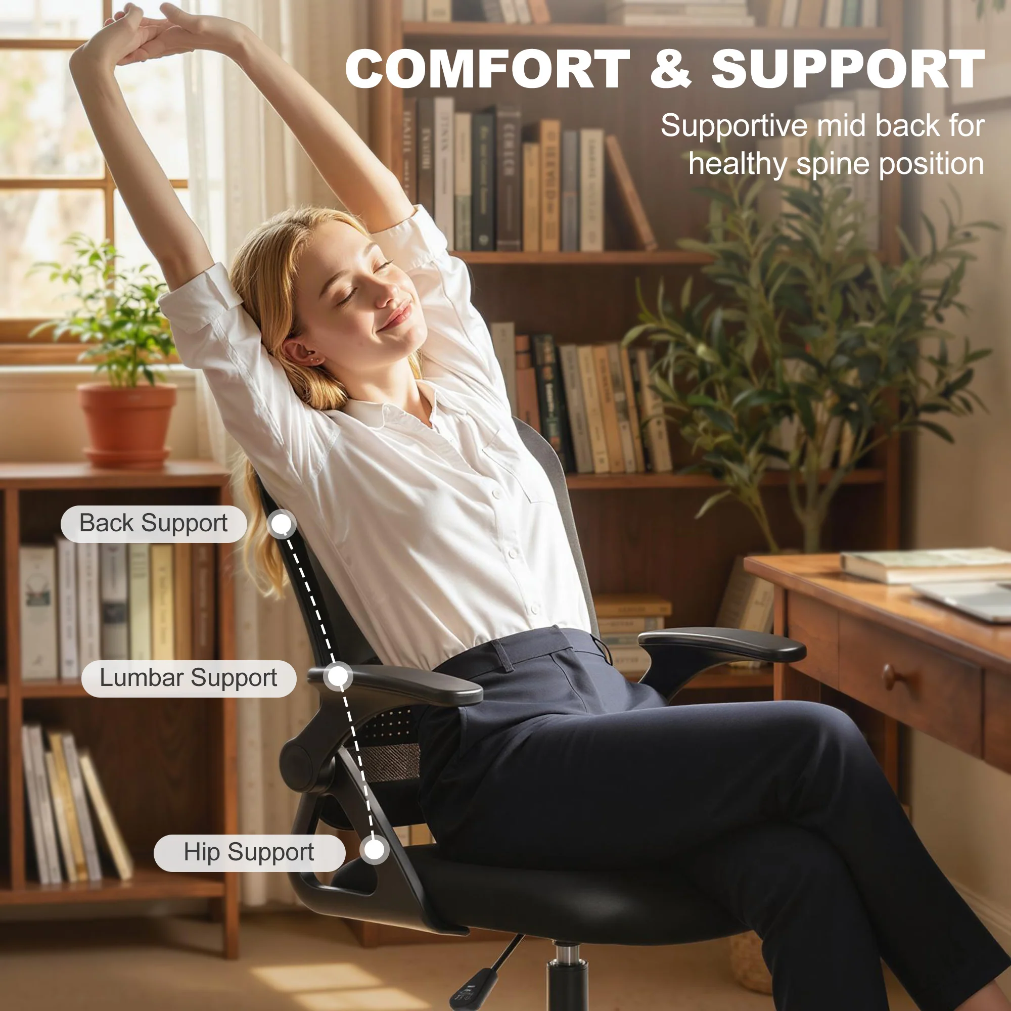 Adjustable Mesh Sit-Stand Chair with Lumbar Support & Flip Armrests, Black - Image 8