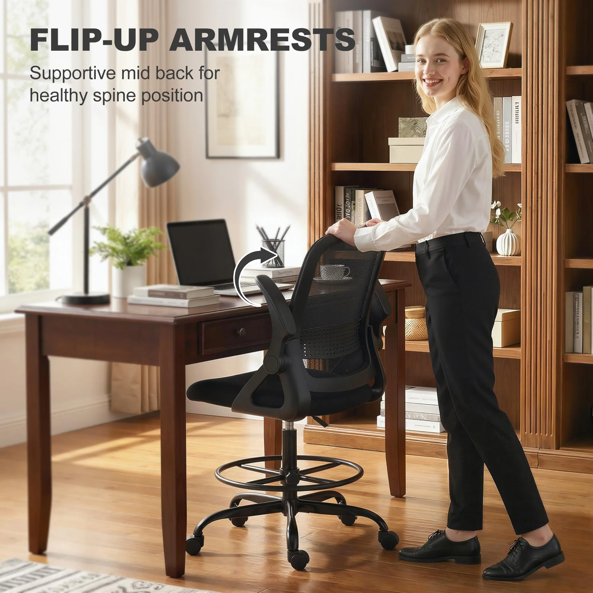 Adjustable Mesh Sit-Stand Chair with Lumbar Support & Flip Armrests, Black - Image 9