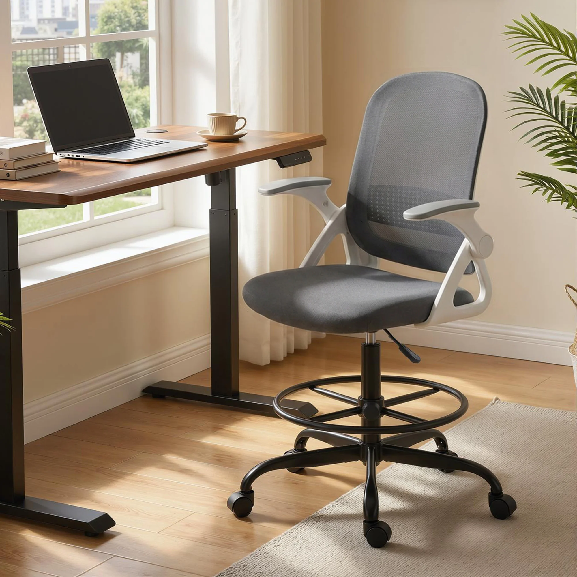Adjustable Mesh Sit-Stand Chair with Lumbar Support & Flip Armrests, Grey - Image 3