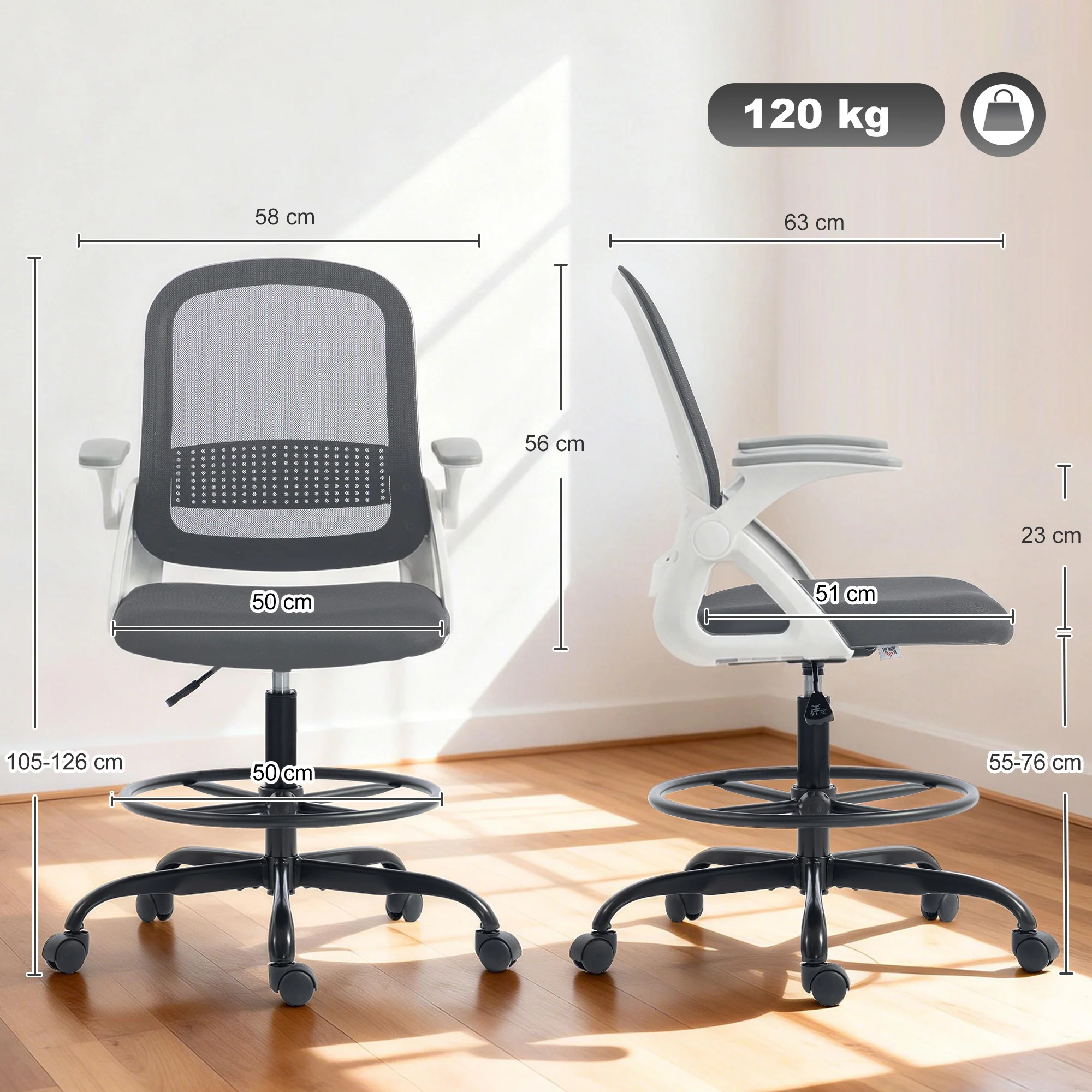 Adjustable Mesh Sit-Stand Chair with Lumbar Support & Flip Armrests, Grey - Image 5