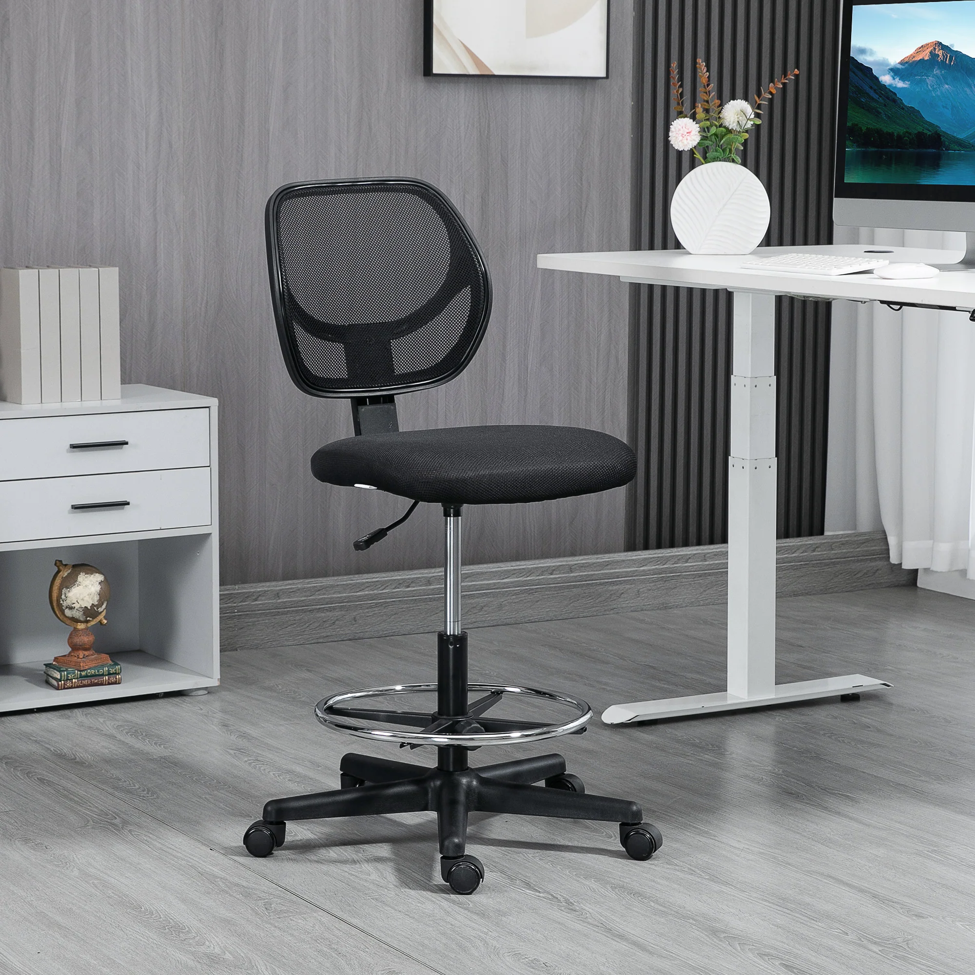 Armless Drafting Chair, Mesh Back Desk Chair with Adjustable Height, Footrest Ring, Black - Image 3
