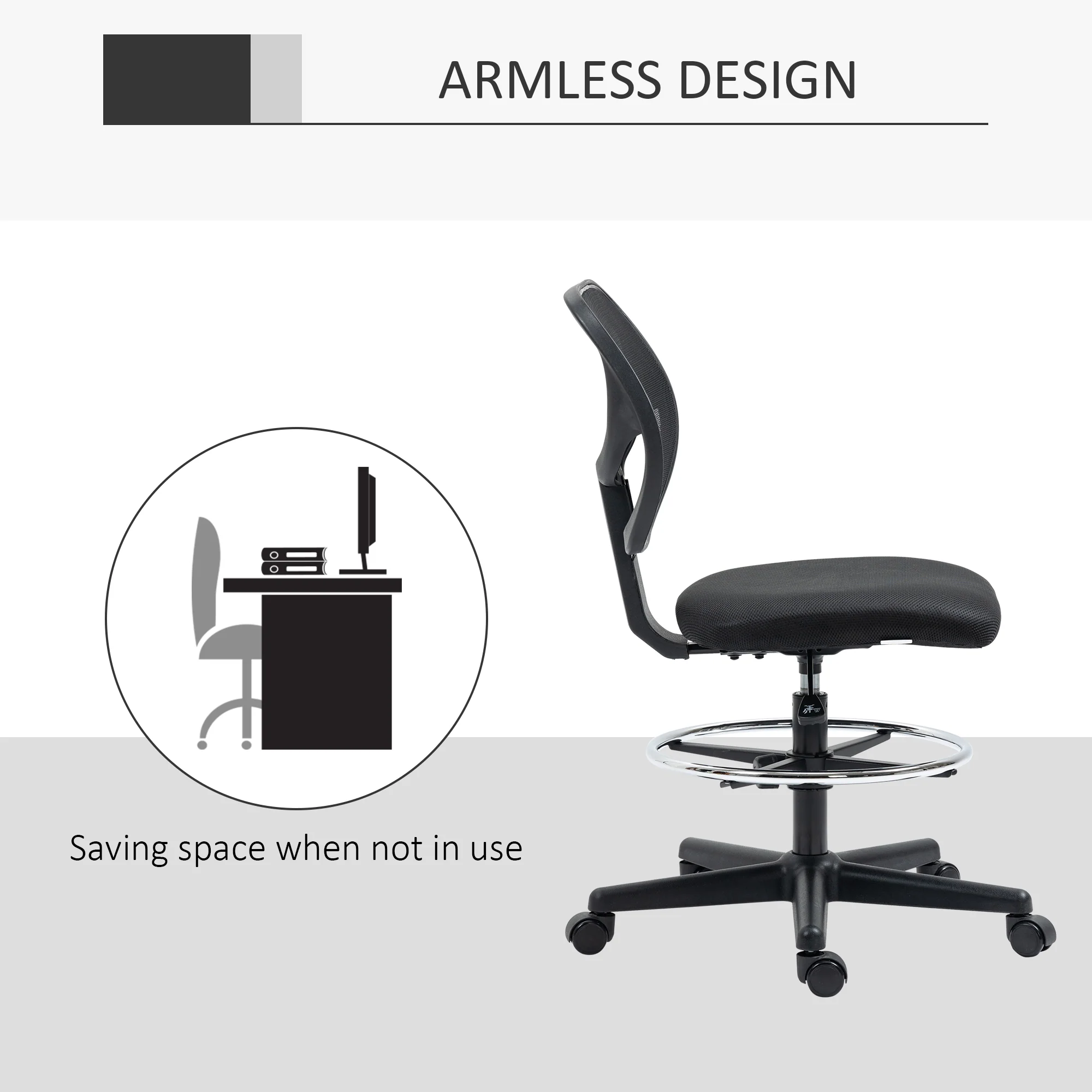 Armless Drafting Chair, Mesh Back Desk Chair with Adjustable Height, Footrest Ring, Black - Image 9