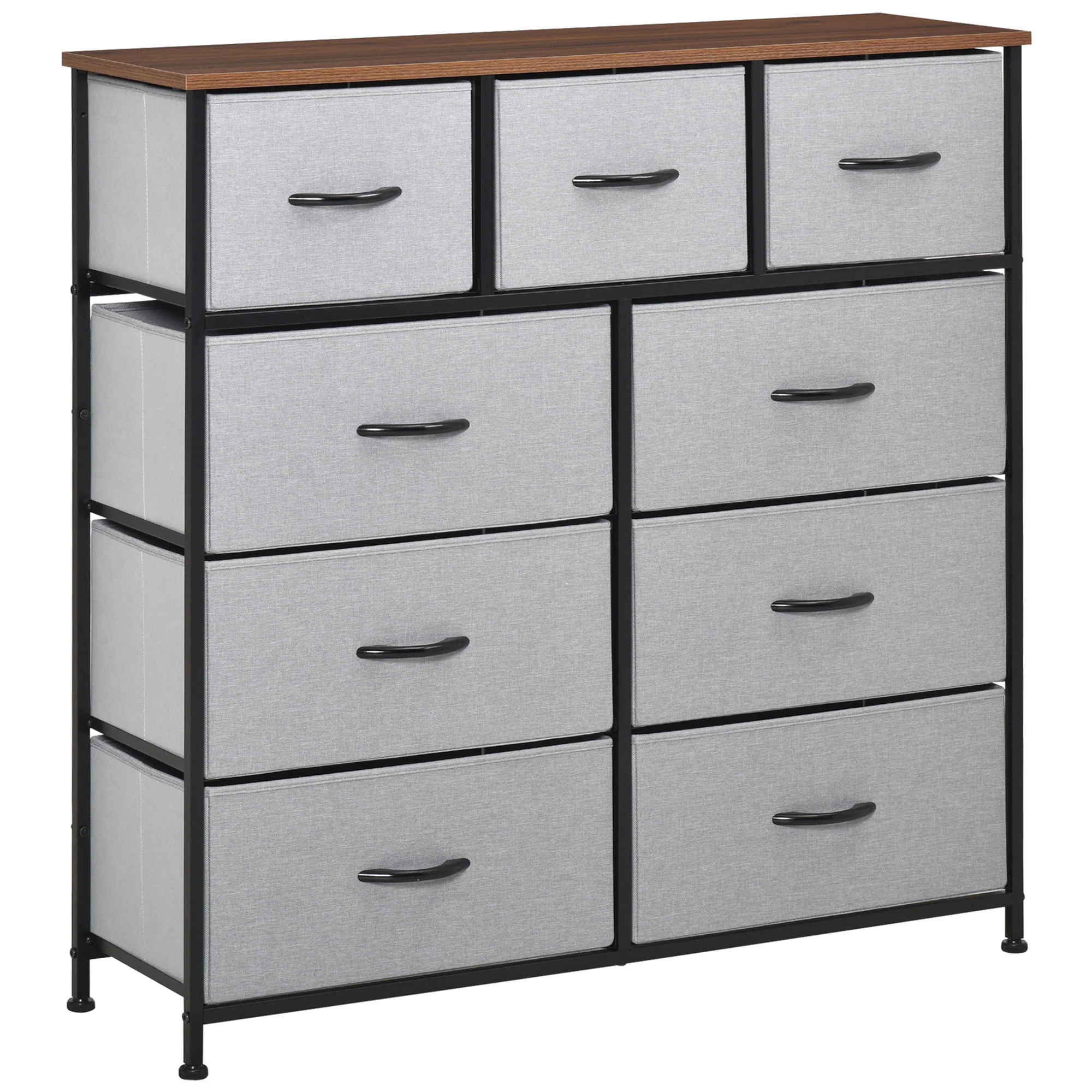 9-Drawer Dresser, 4-Tier Tall Storage Tower w/ Steel Frame & Wooden Top for Closets, Grey