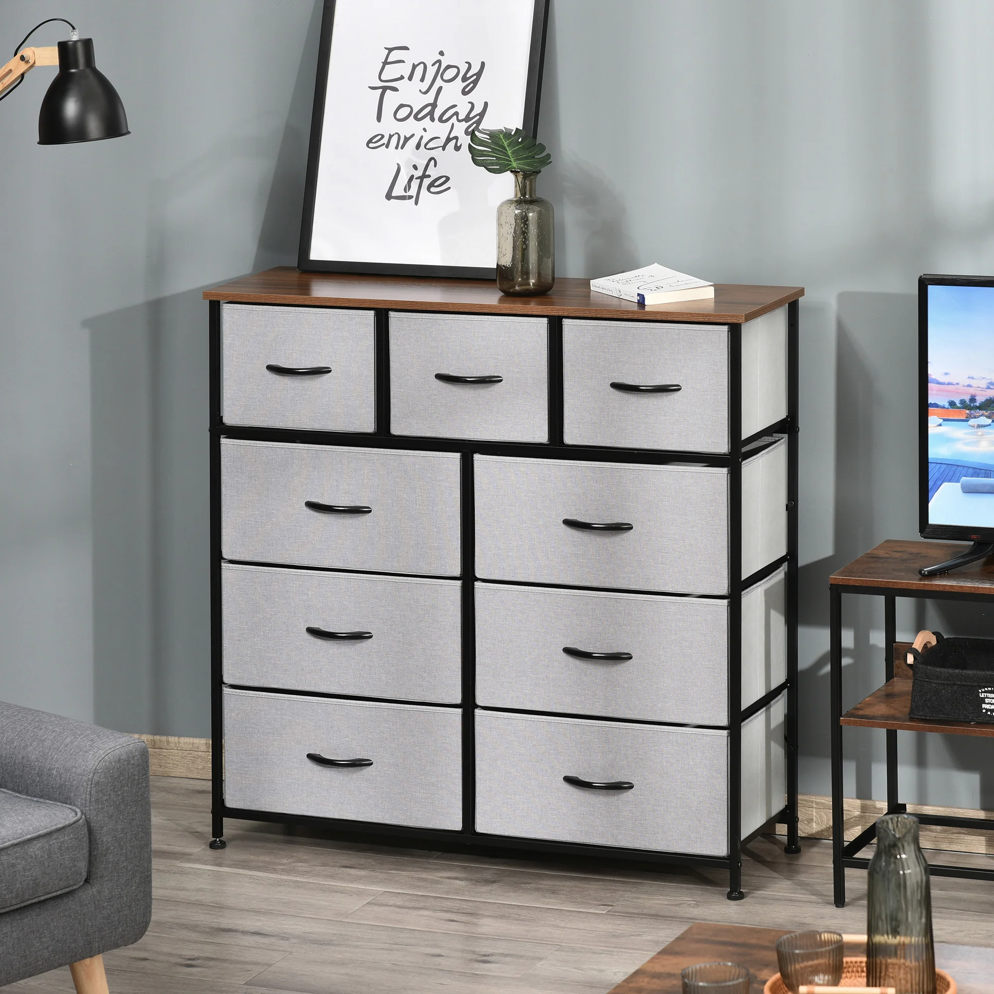 9-Drawer Dresser, 4-Tier Tall Storage Tower w/ Steel Frame & Wooden Top for Closets, Grey - Image 3