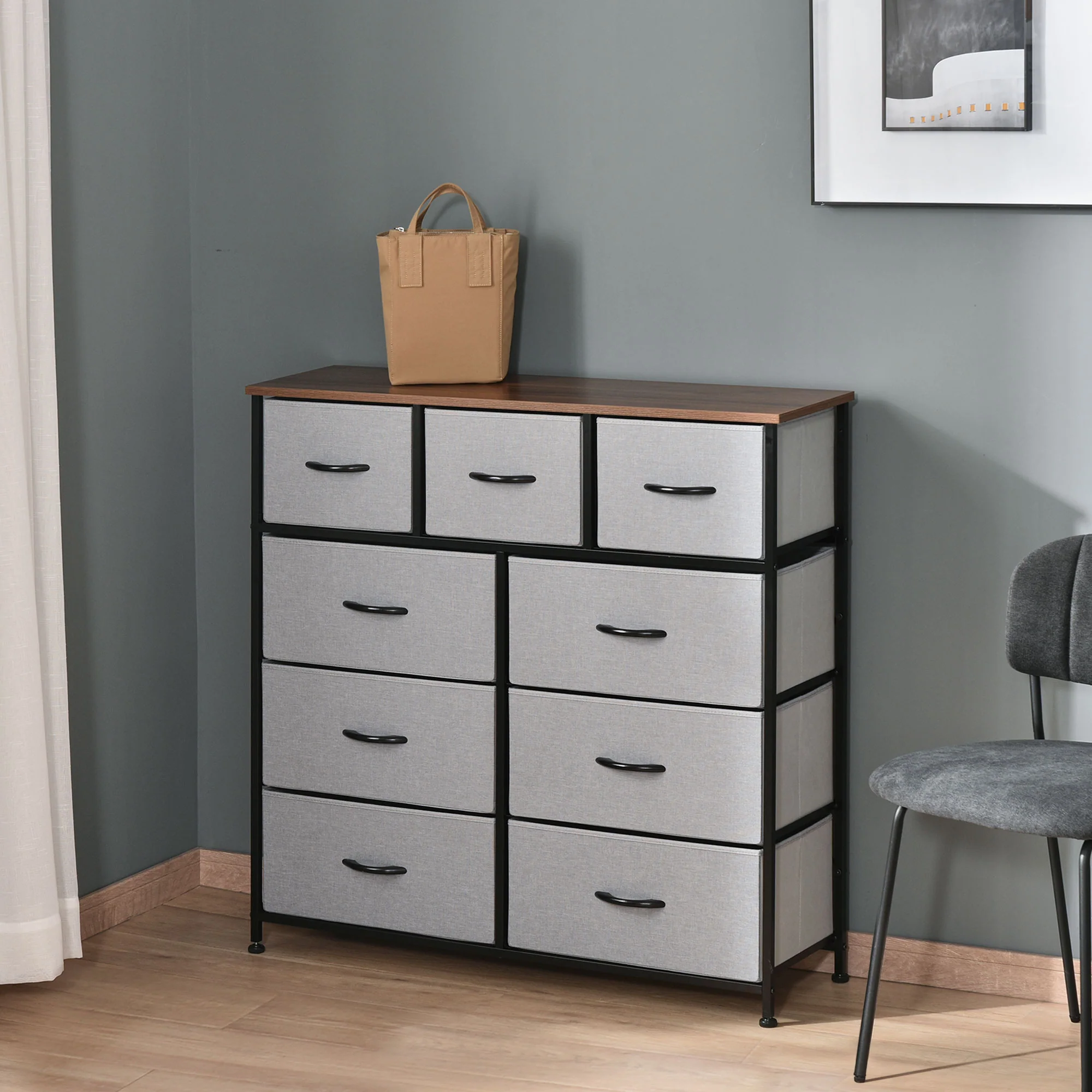 9-Drawer Dresser, 4-Tier Tall Storage Tower w/ Steel Frame & Wooden Top for Closets, Grey - Image 4