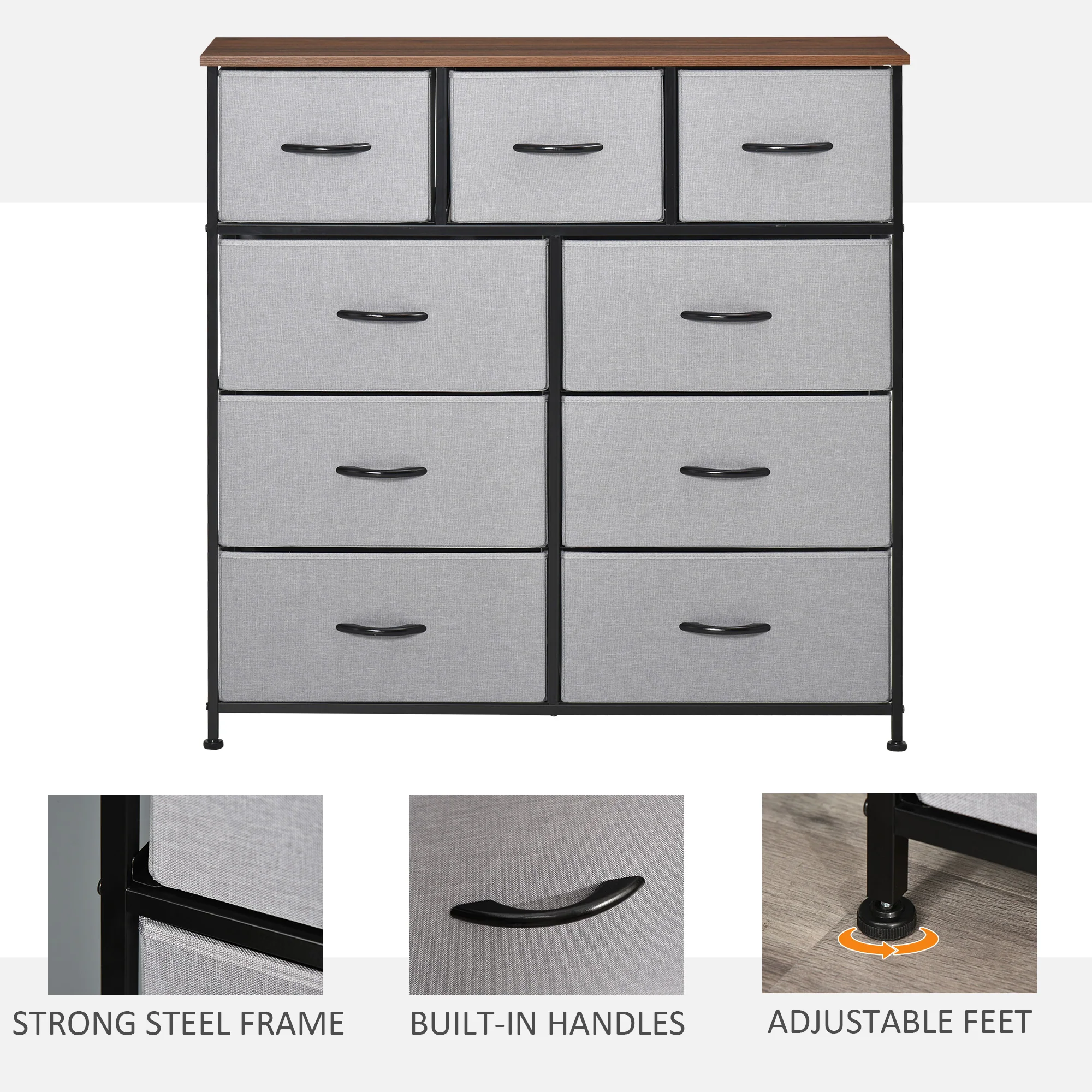 9-Drawer Dresser, 4-Tier Tall Storage Tower w/ Steel Frame & Wooden Top for Closets, Grey - Image 6