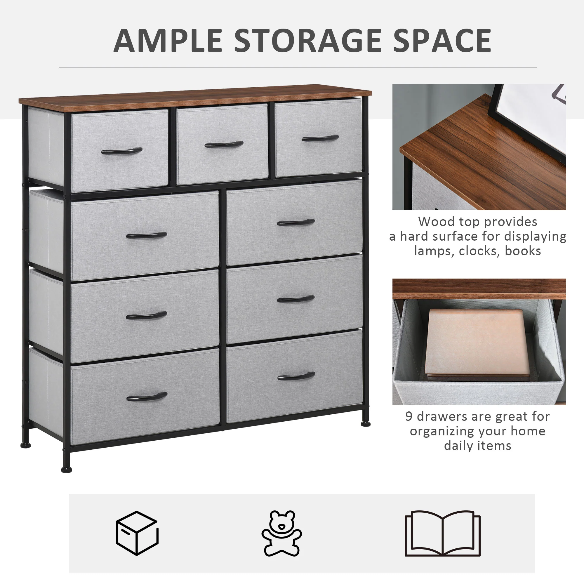 9-Drawer Dresser, 4-Tier Tall Storage Tower w/ Steel Frame & Wooden Top for Closets, Grey - Image 7