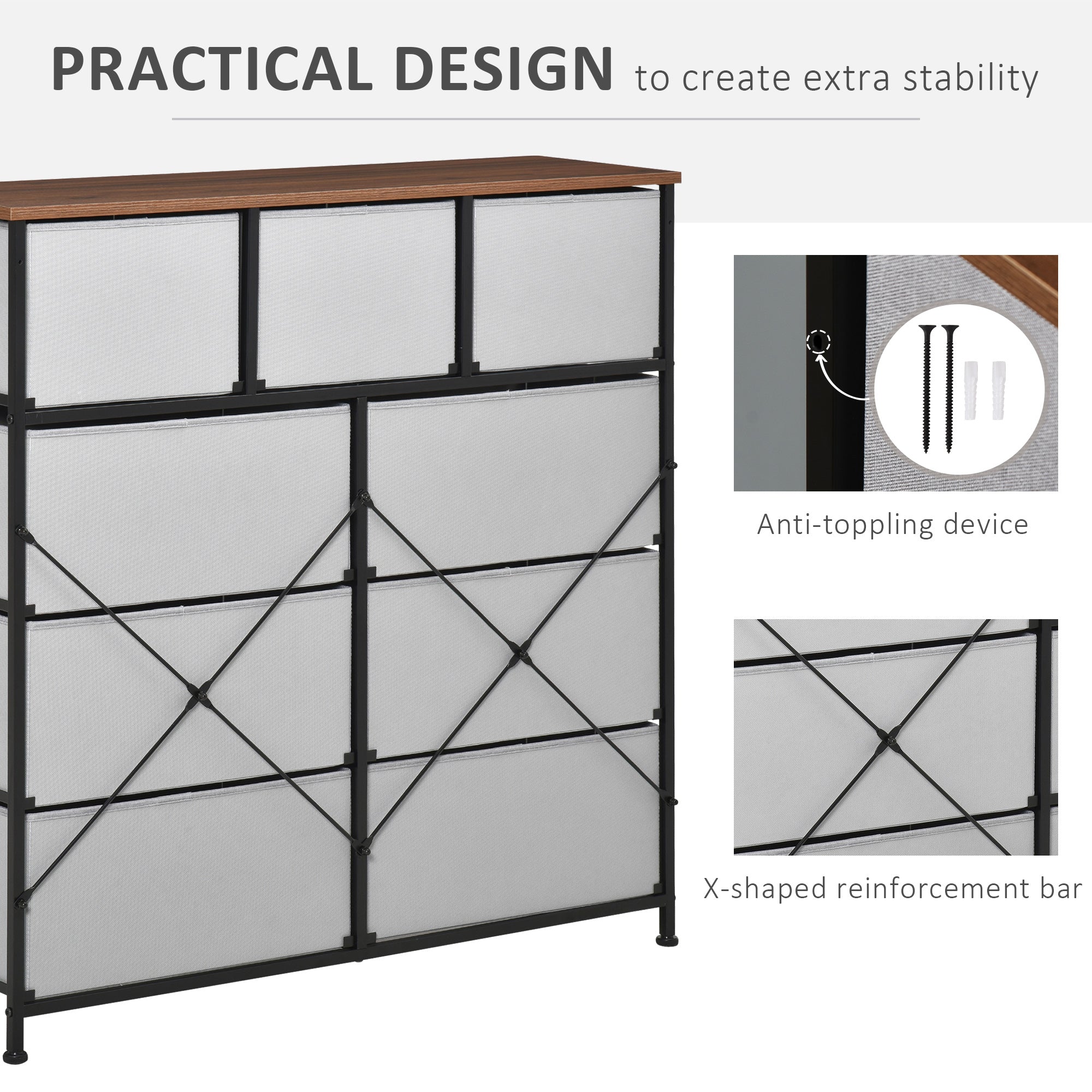 9-Drawer Dresser, 4-Tier Tall Storage Tower w/ Steel Frame & Wooden Top for Closets, Grey - Image 9