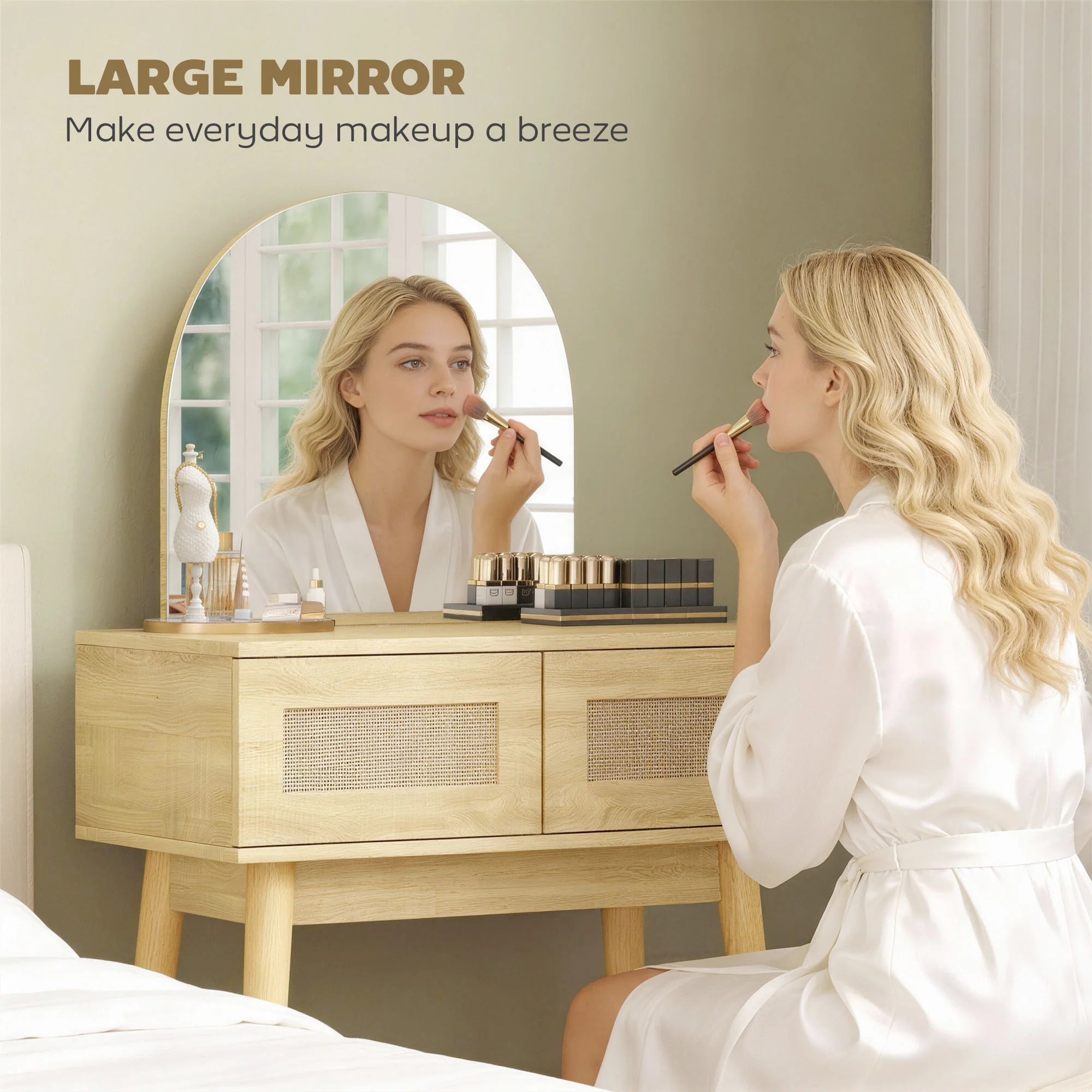 Compact Elegance Vanity Desk with Arched Mirror & Rattan Drawers, Natural Wood - Image 6