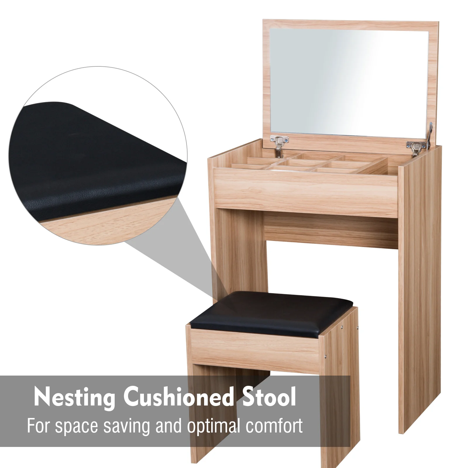 Dressing Table with Storage Unit & Padded Seat, Makeup Table with Flip Up Mirror, Wood - Image 8