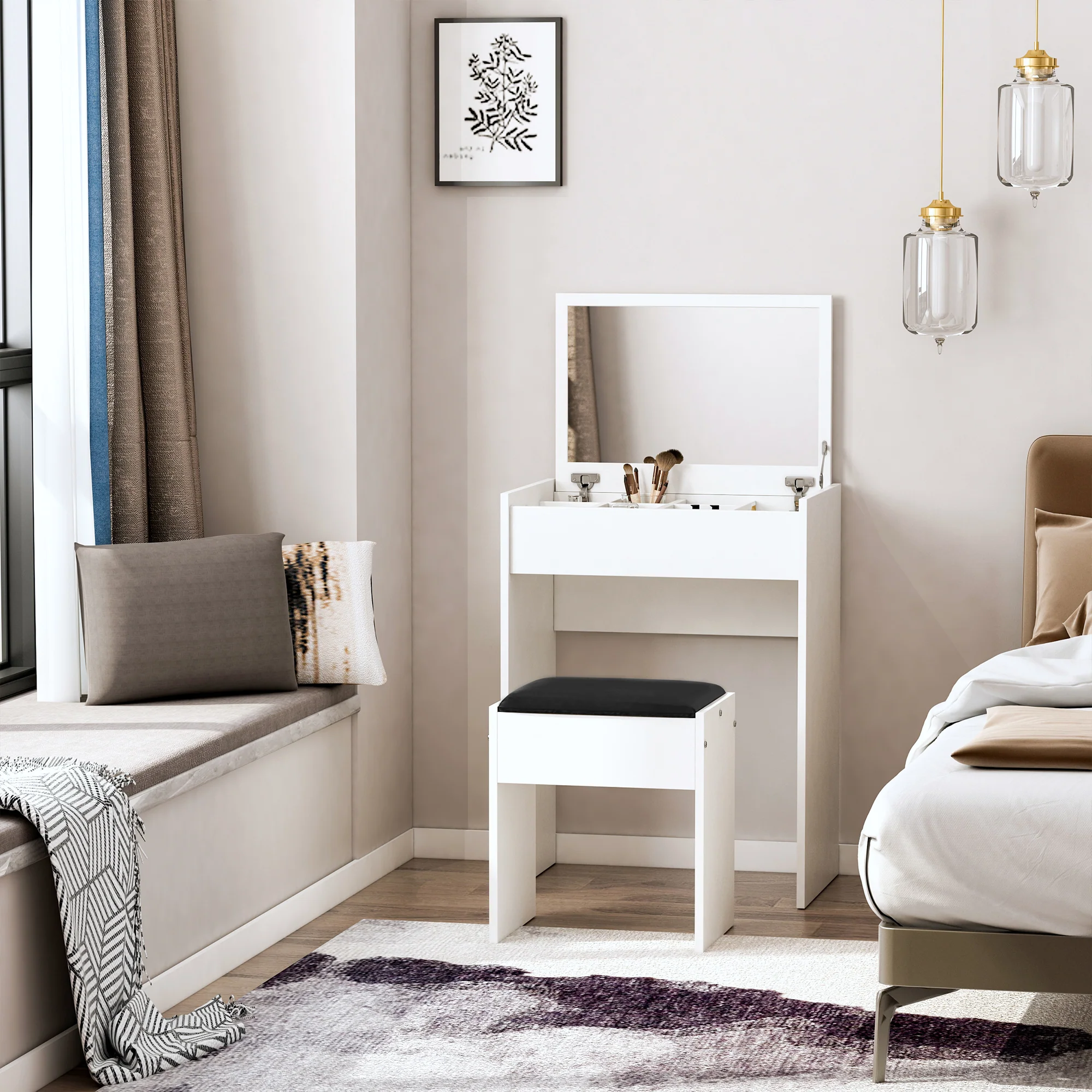 Dressing Table with Storage Unit & Padded Seat, Makeup Table with Flip Up Mirror, White - Image 4