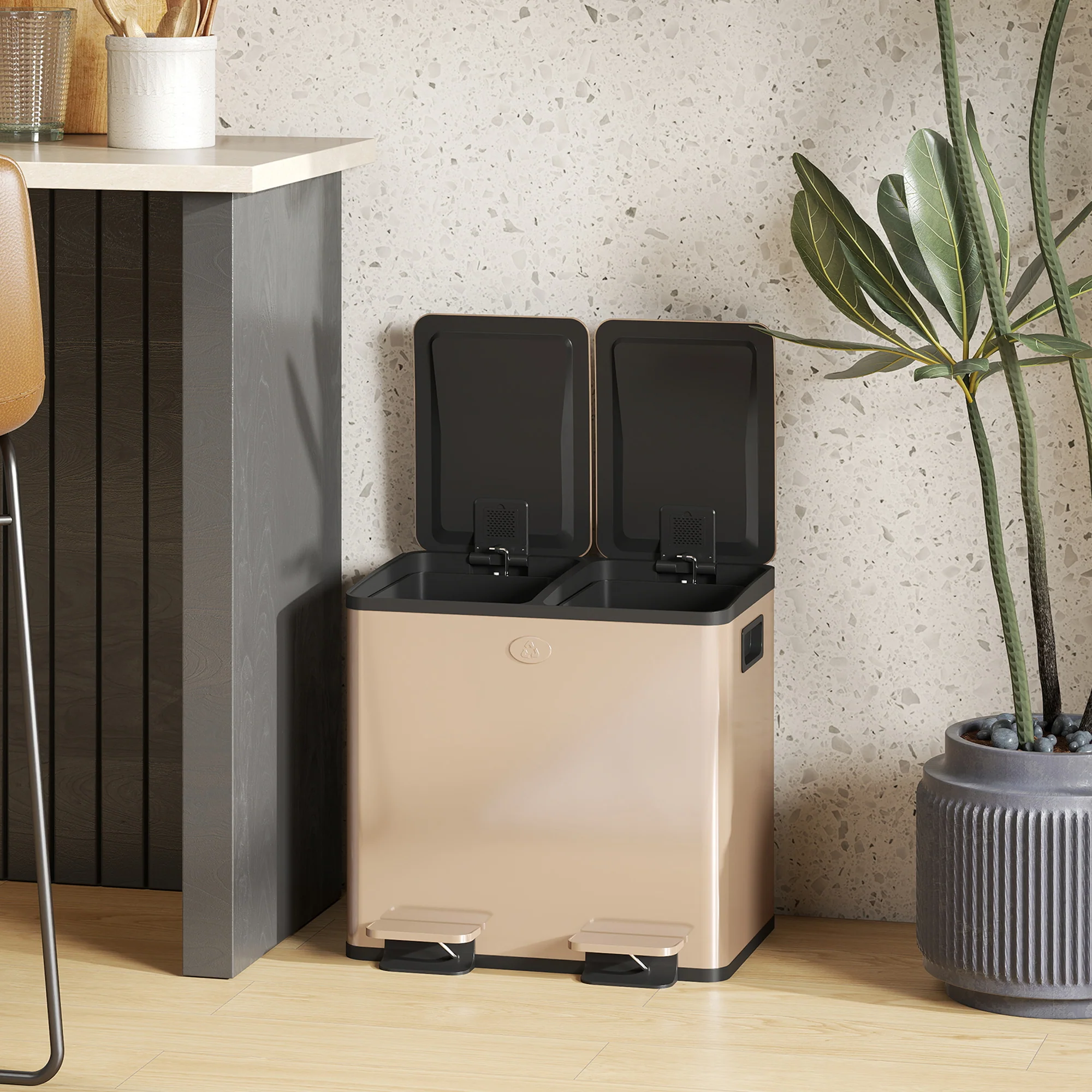 Dual Kitchen Bin, 2 x 15L Stainless Steel Double Rubbish Bin with Soft Close Lid, Gold Tone - Image 11
