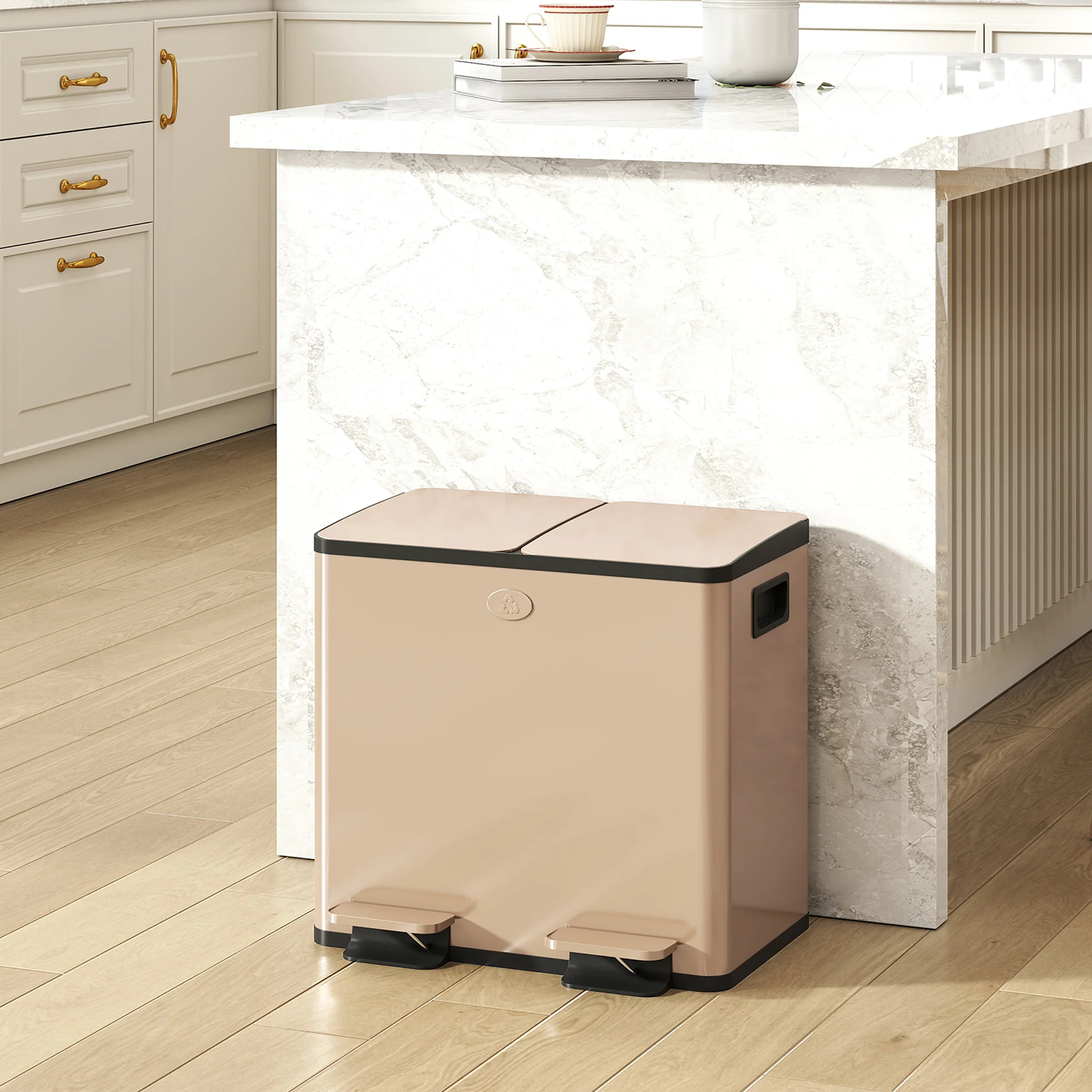 Dual Kitchen Bin, 2 x 15L Stainless Steel Double Rubbish Bin with Soft Close Lid, Gold Tone - Image 3