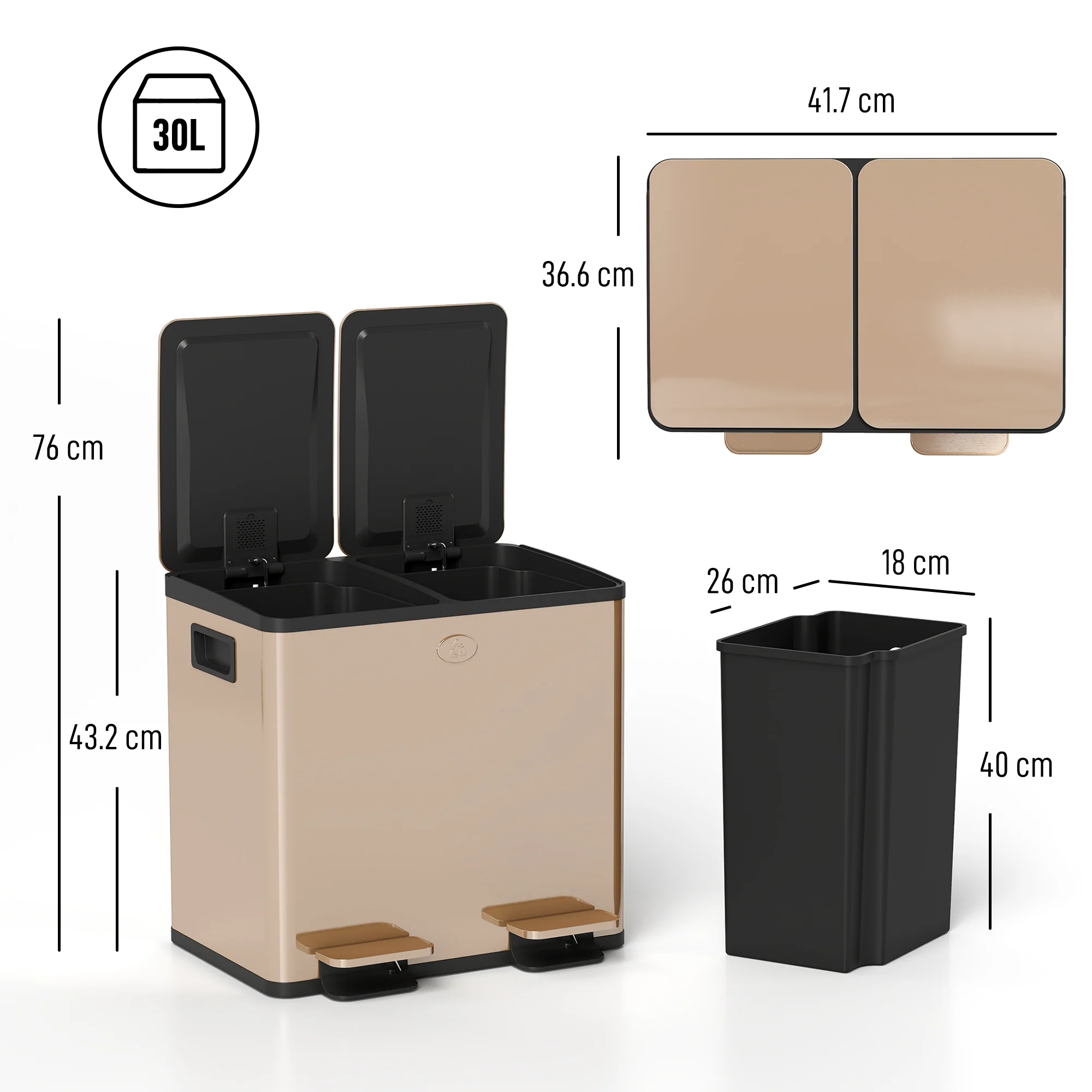 Dual Kitchen Bin, 2 x 15L Stainless Steel Double Rubbish Bin with Soft Close Lid, Gold Tone - Image 5