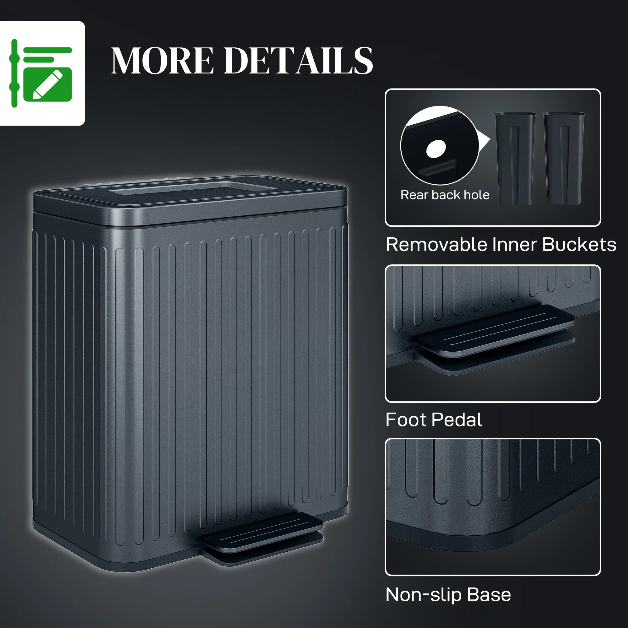 2 x 20L Double Bin Pedal Bin with Soft-Close Lid, Removable Inner Buckets, Black - Image 9