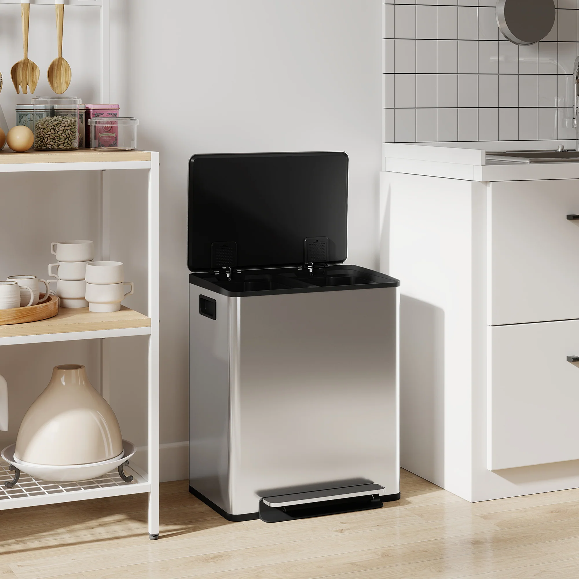 2 x 25L Dual Kitchen Pedal Bin w/ Soft-Close Lid & Removable Inner Buckets, Silver - Image 11
