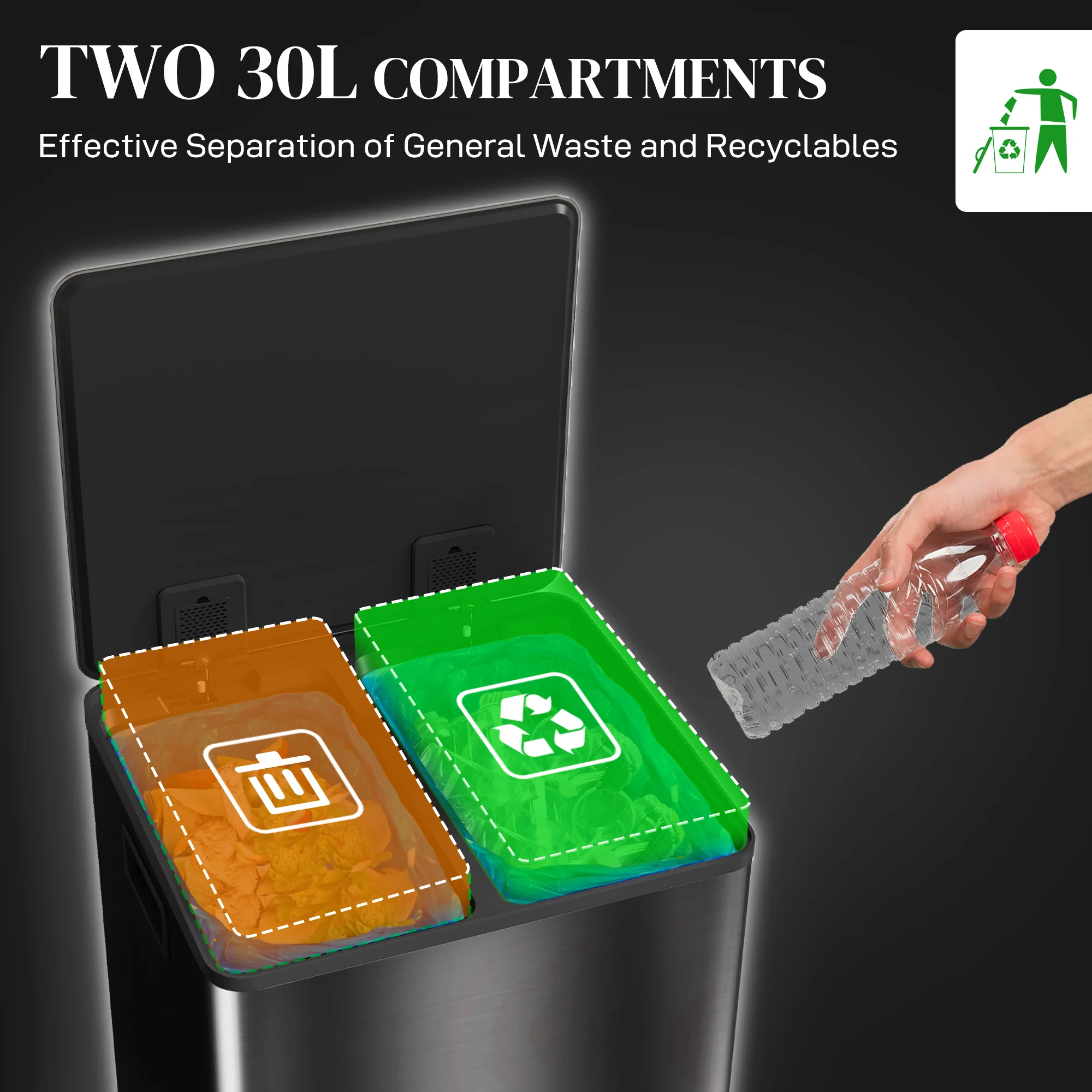 2 x 30L Stainless Steel Double Pedal Bin with Removable Inner Buckets and Handles, Black - Image 6