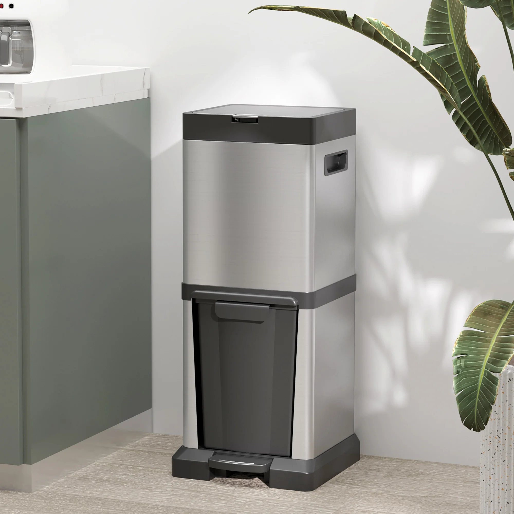 20+14L Stainless Steel Vertical Dual Kitchen Bin with Tilt Out Bin, Soft-Close Lid, Silver - Image 3