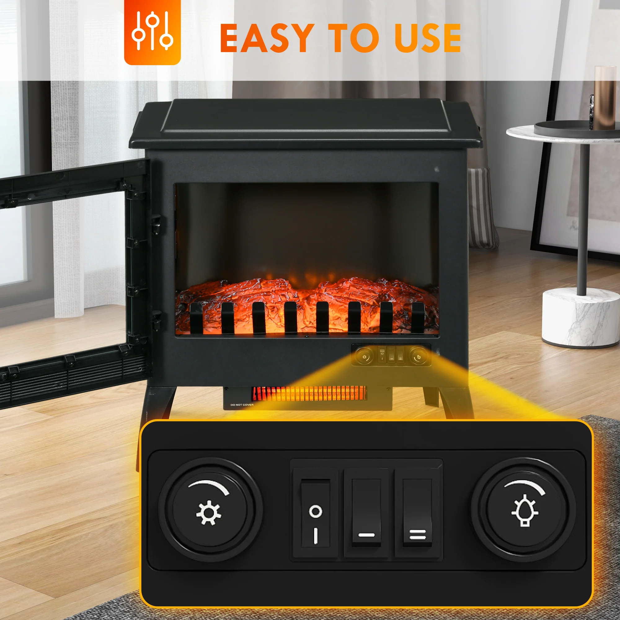 24" Electric Fireplace Heater with Realistic Log Flame & Adjustable Temp, 1500W, Black - Image 6