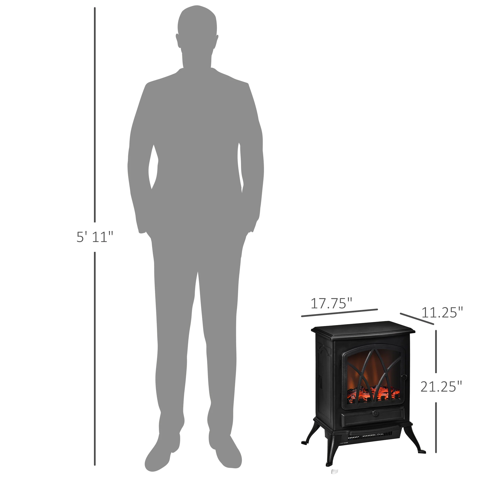 Electric Fireplace Heater with Adjustable LED Flame Effect and Front Door, 750W/1500W, Black - Image 5