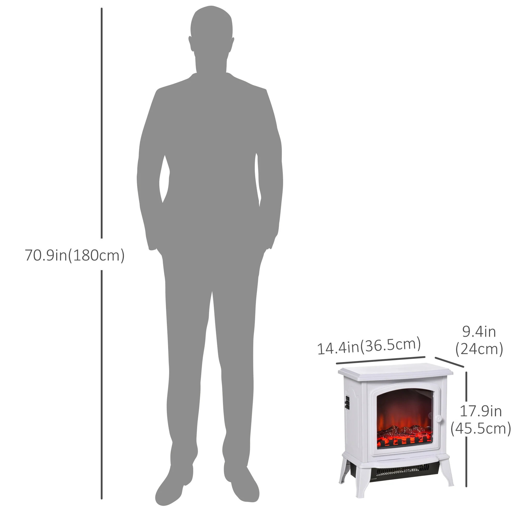 Freestanding Fireplace Stove with Flame Effect, Overheat Safety Protection, 750W/1500W White - Image 5
