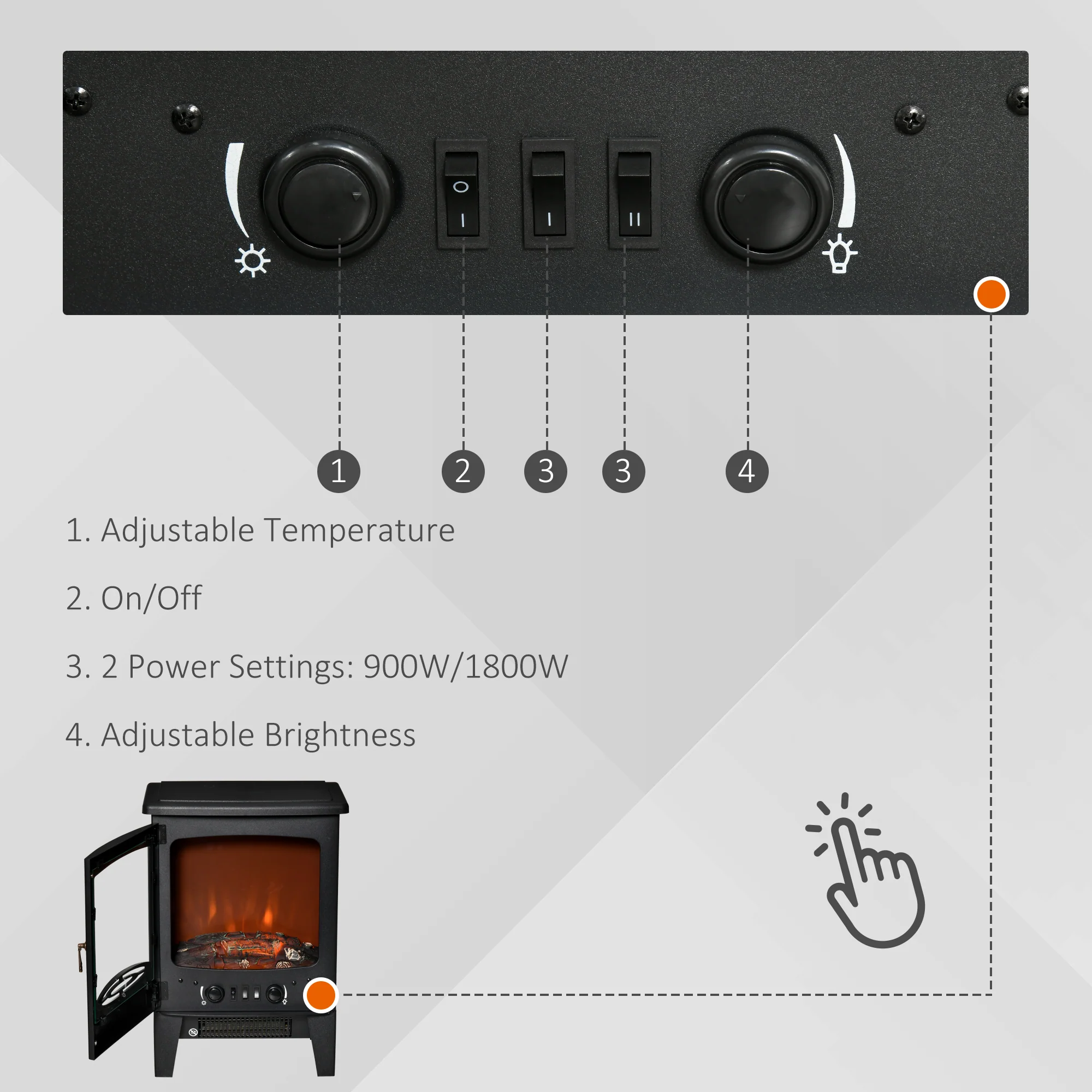Electric Fireplace Stove with LED Flame Effect, Overheat Safety Protection, 900W/1800W, Black - Image 7