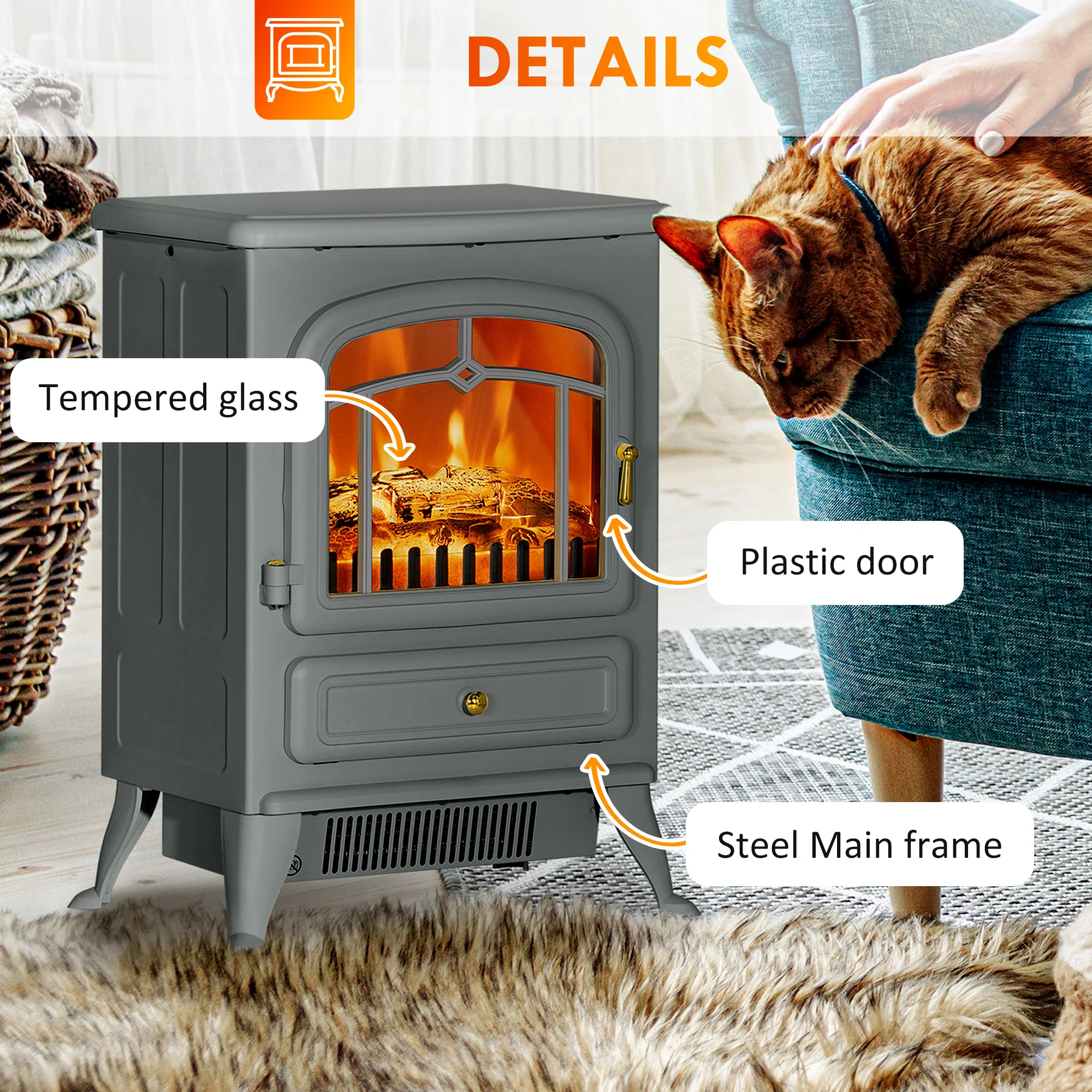 Electric Fireplace Stove Heater with Realistic LED Flames and Logs 750W/1500W Gray - Image 9