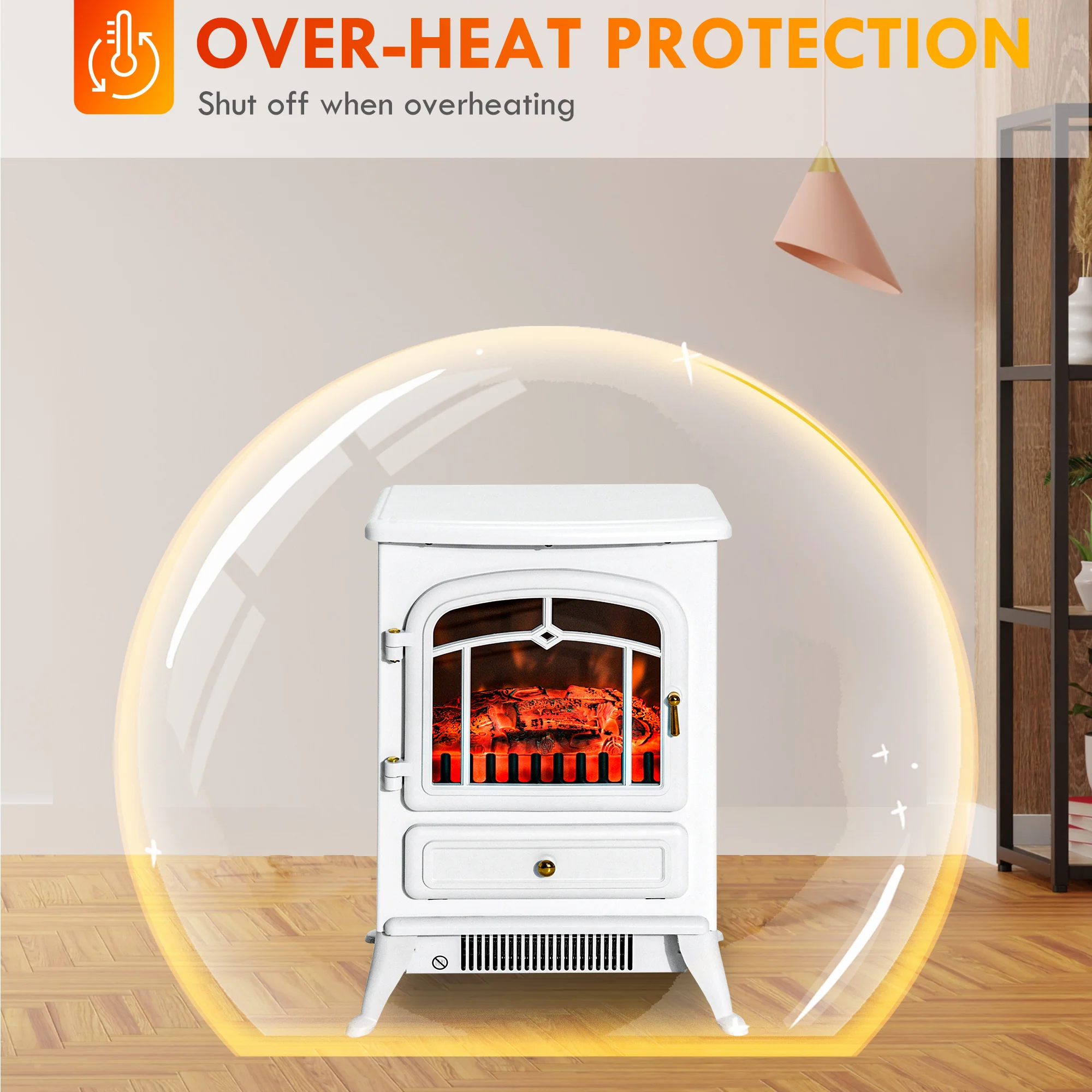 22" Electric Fireplace Heater with Realistic LED Flames & Overheat Protection, White - Image 8
