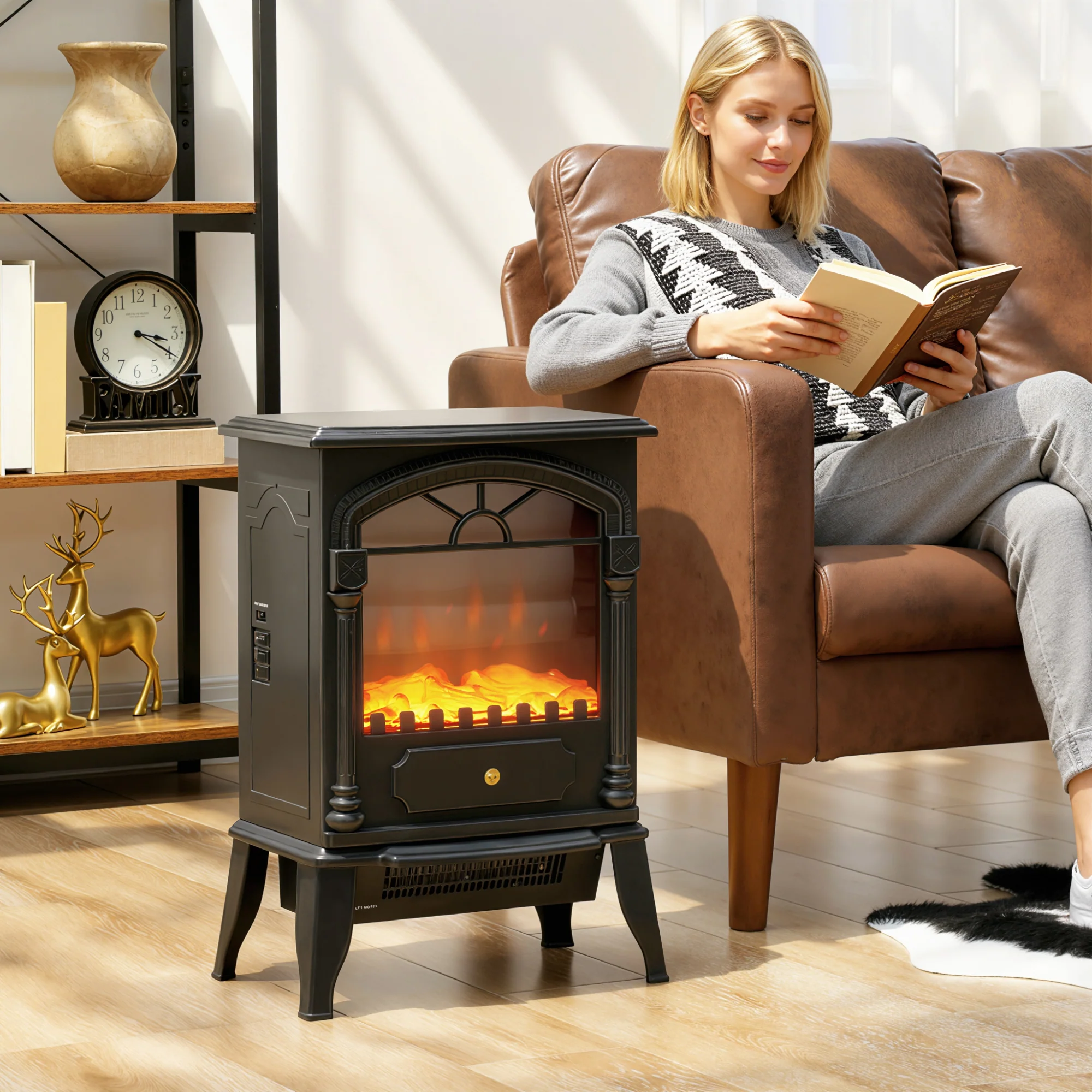 Electric Fireplace Stove Heater with 3D Flame Effect, 2000W/1000W, Freestanding Portable Fireplace with Adjustable Thermostat, 2 Heat Settings for Living Room, Black - Image 3