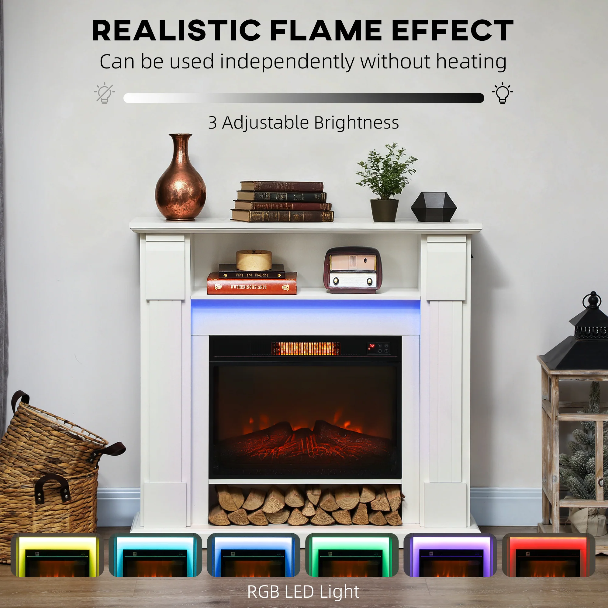 Electric Fireplace 38" 1800W Inset Electric Fire and Mantel Reach up to 30 m?, White - Image 6