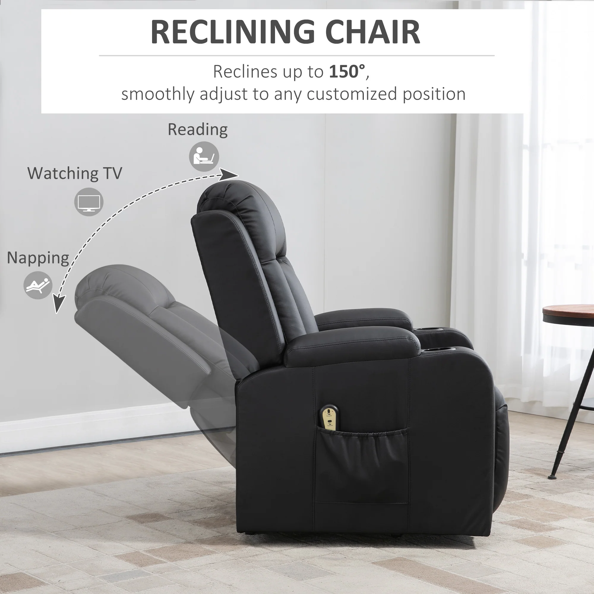 PU Leather Electric Lift Chair with Footrest and Cup Holders, Black - Image 6