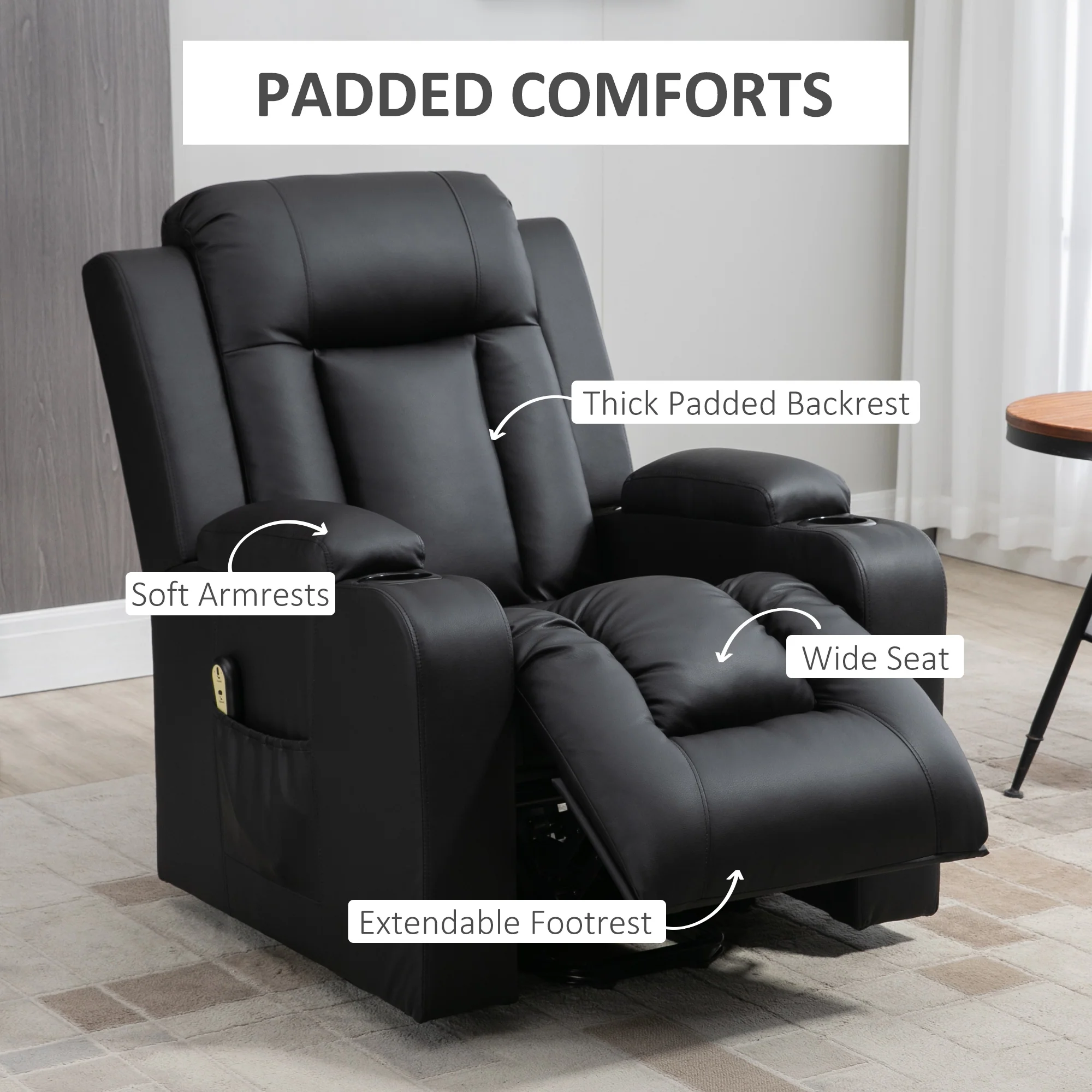 PU Leather Electric Lift Chair with Footrest and Cup Holders, Black - Image 8