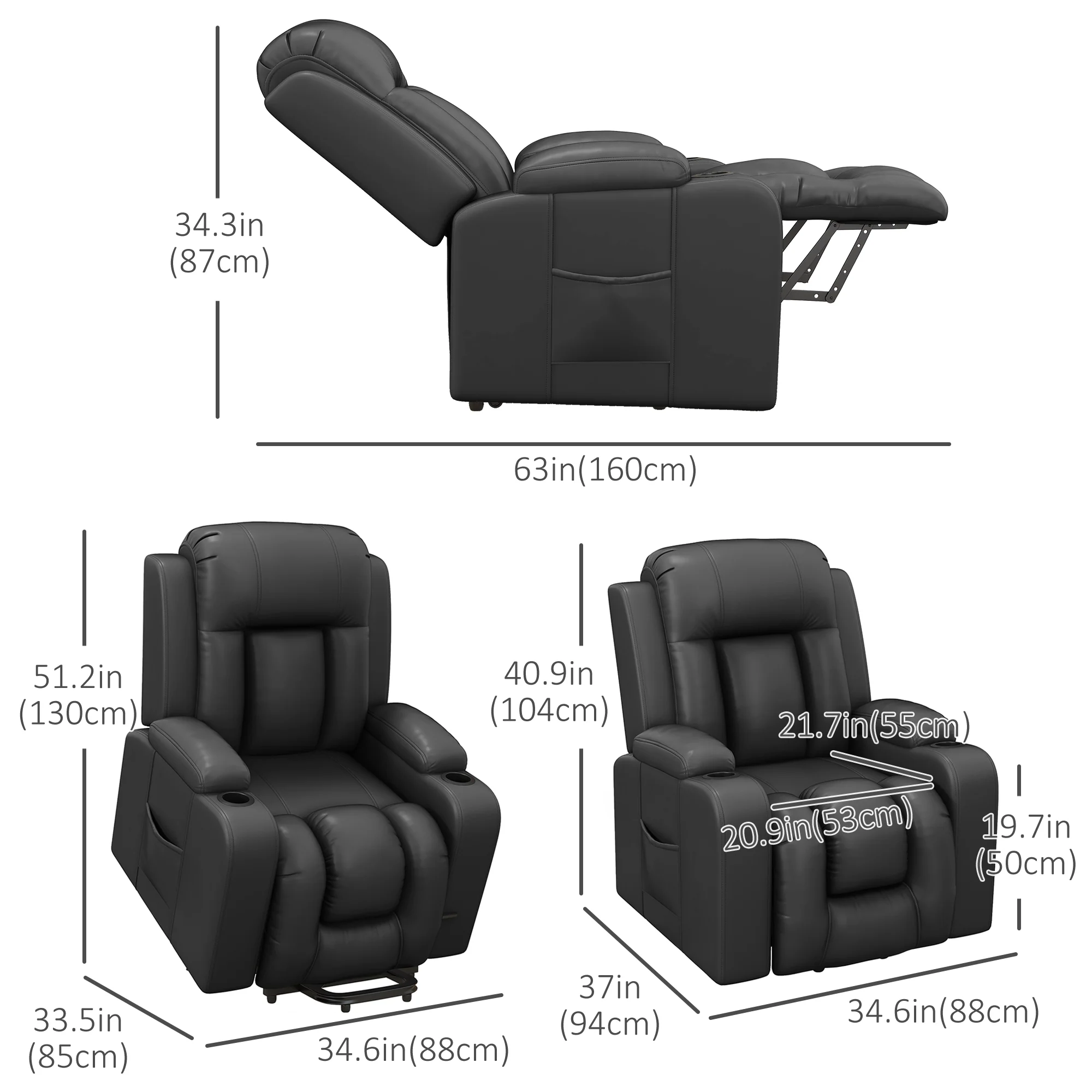 PU Leather Electric Lift Chair with Footrest and Cup Holders, Grey - Image 5
