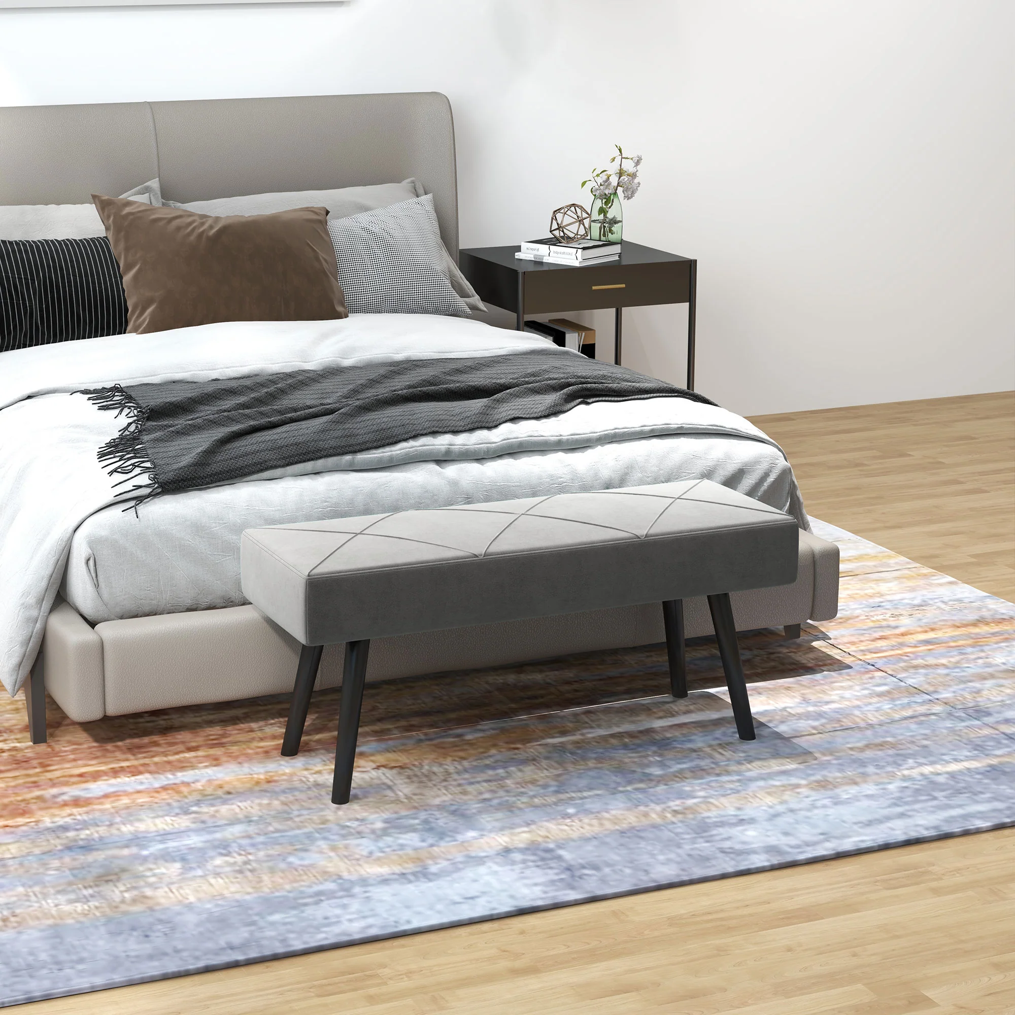 End of Bed Bench with X-Shape Design and Steel Legs, Upholstered Hallway Bench, Grey - Image 3
