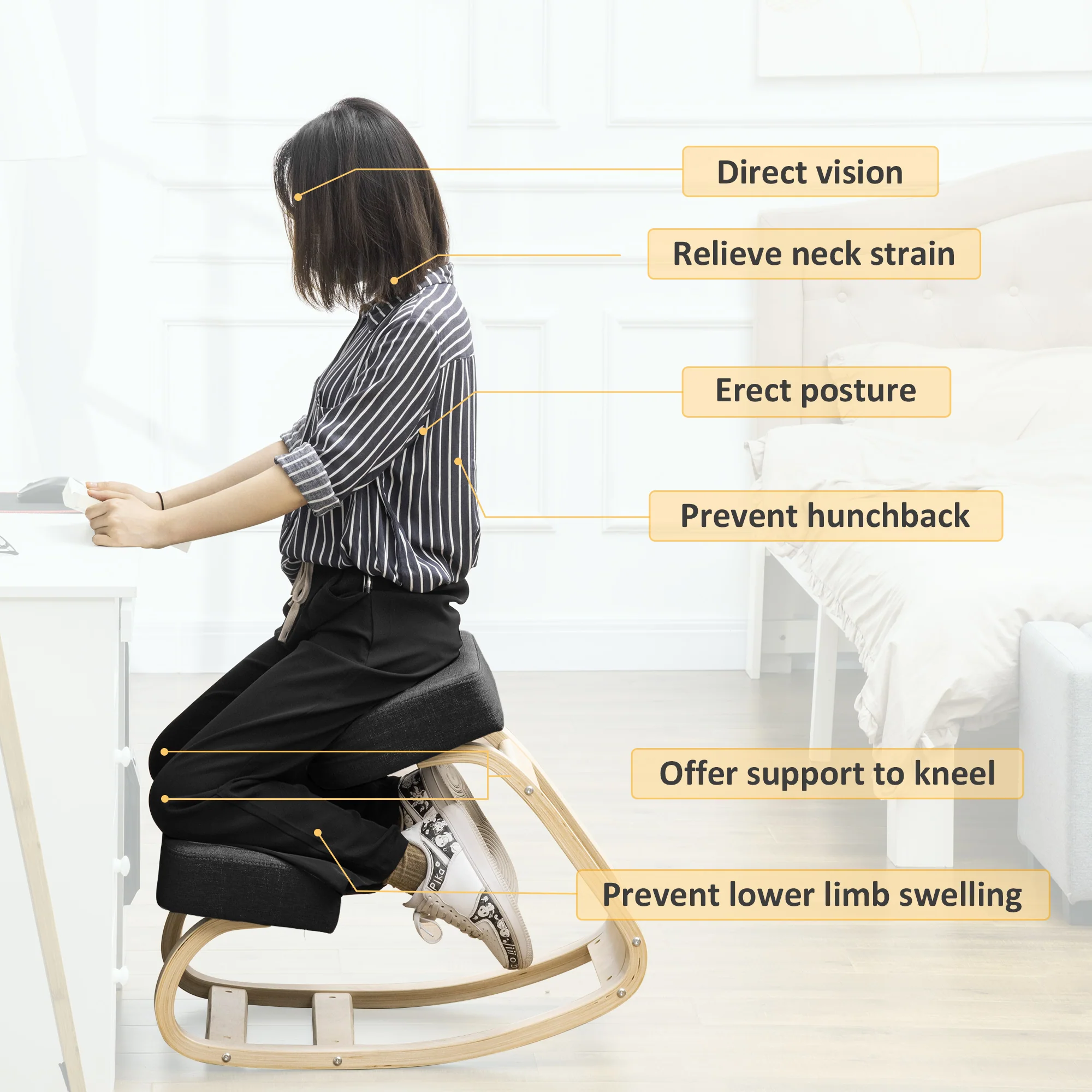 Ergonomic Kneeling Chair, Wood Kneel Stool with Thick Pads, Desk Knee Chair, Improve Posture, Back Pain, Black - Image 7