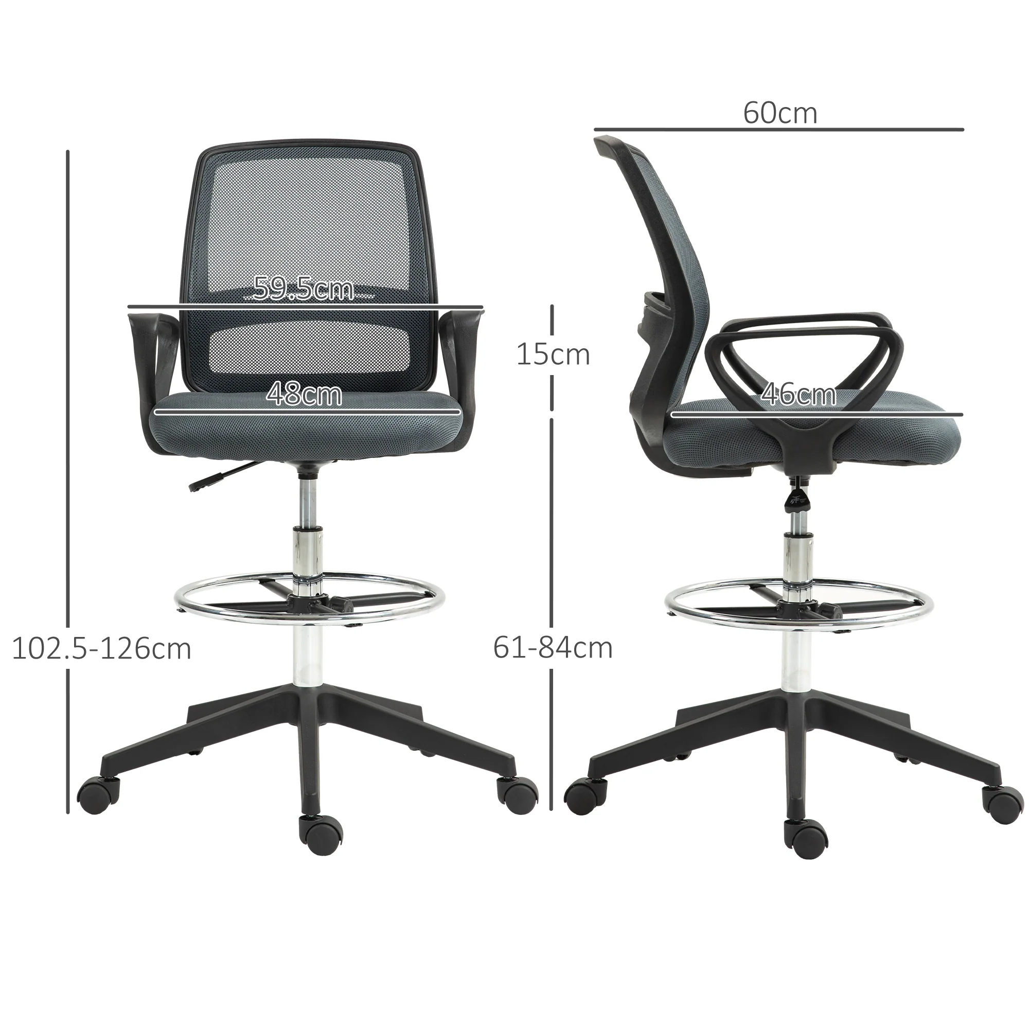 Ergonomic Drafting Chair, Mesh Back Tall Office Chair with Adjustable Height & Footrest, Grey - Image 5