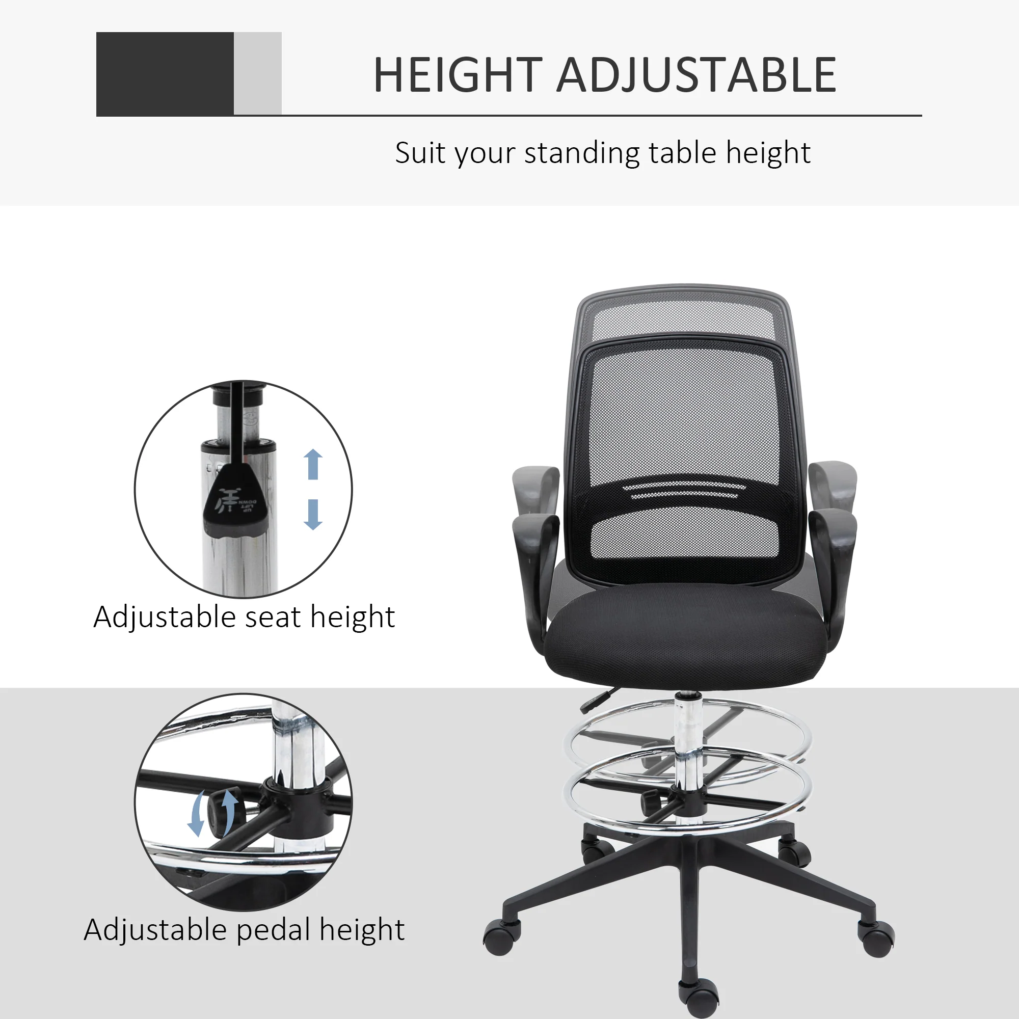 Ergonomic Drafting Chair, Mesh Back Tall Office Chair with Adjustable Height & Footrest, Black - Image 7