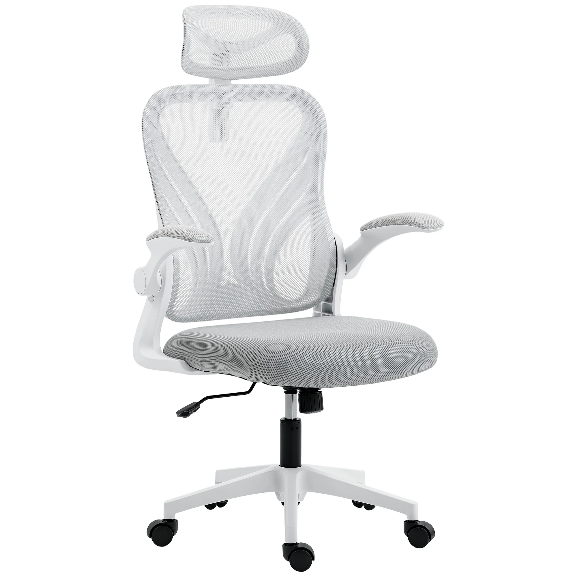 Ergonomic Office Chair, High Back Mesh Desk Chair with Foldable Backrest, 2D Headrest, Flip-up Armrest, Lumbar Support, Tilt Function, Swivel Wheels for Home Office, Light Grey - Image 2